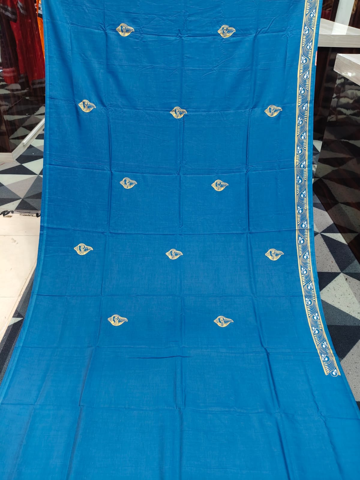 Teal Blue Kandarpa Sankha Theme Pattachitra Khadi Silk Saree