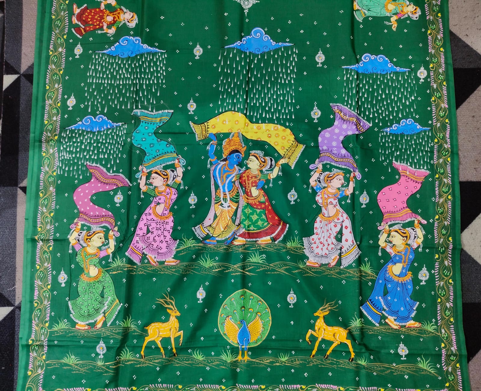 Green Radha Krishna Barsha Rasa Theme Pattachitra Khadi Silk Saree