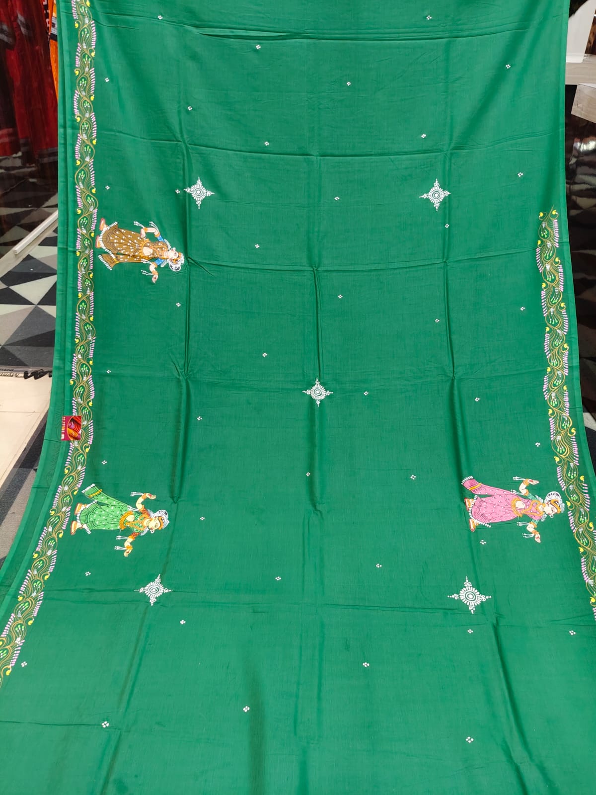 Green Radha Krishna Barsha Rasa Theme Pattachitra Khadi Silk Saree