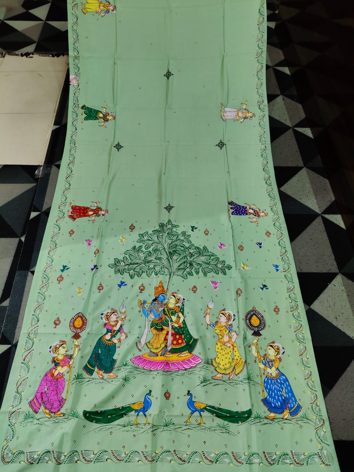 Pista Green Radha Krishna Rasa Theme Pattachitra Khadi Silk Saree