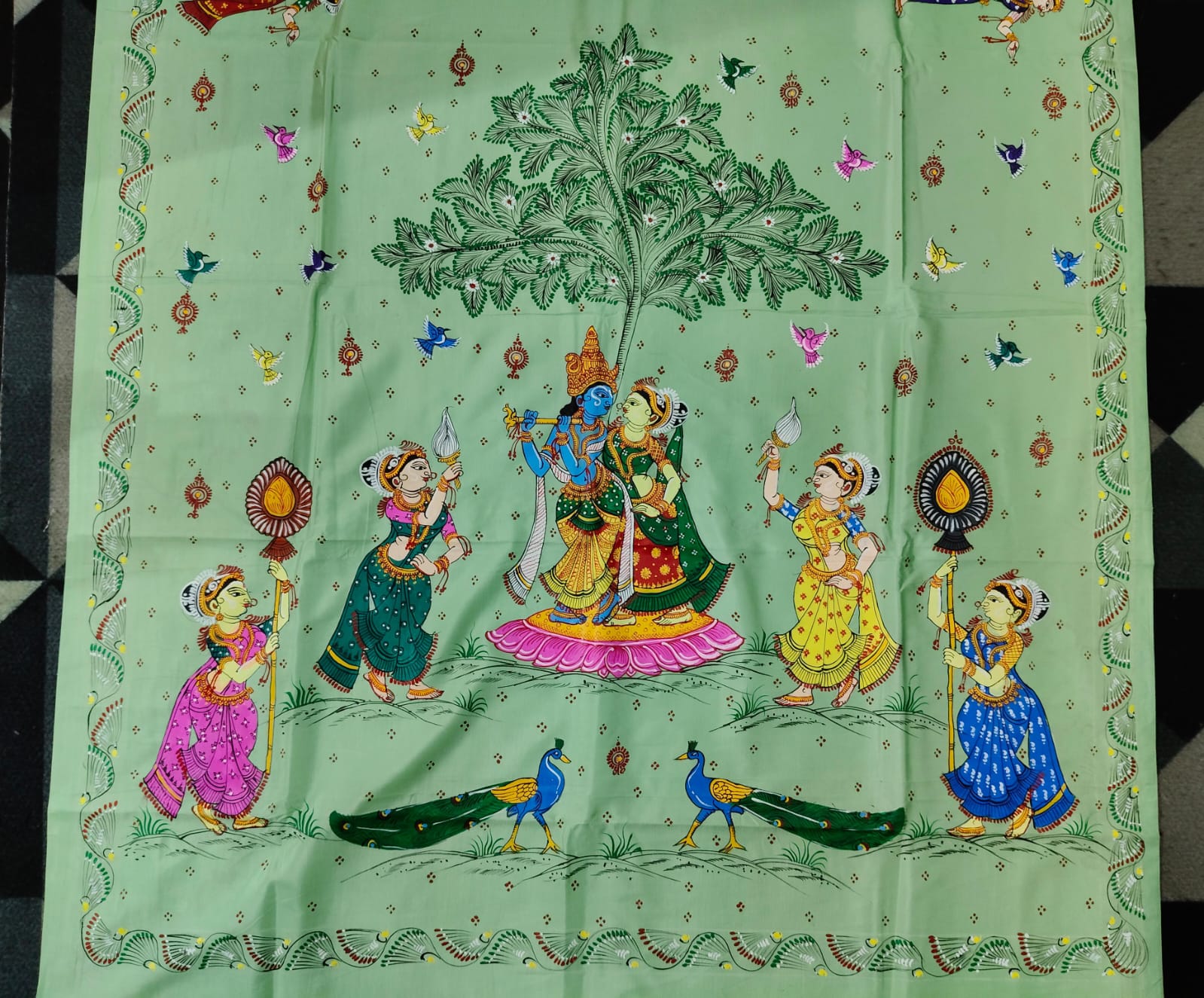 Pista Green Radha Krishna Rasa Theme Pattachitra Khadi Silk Saree