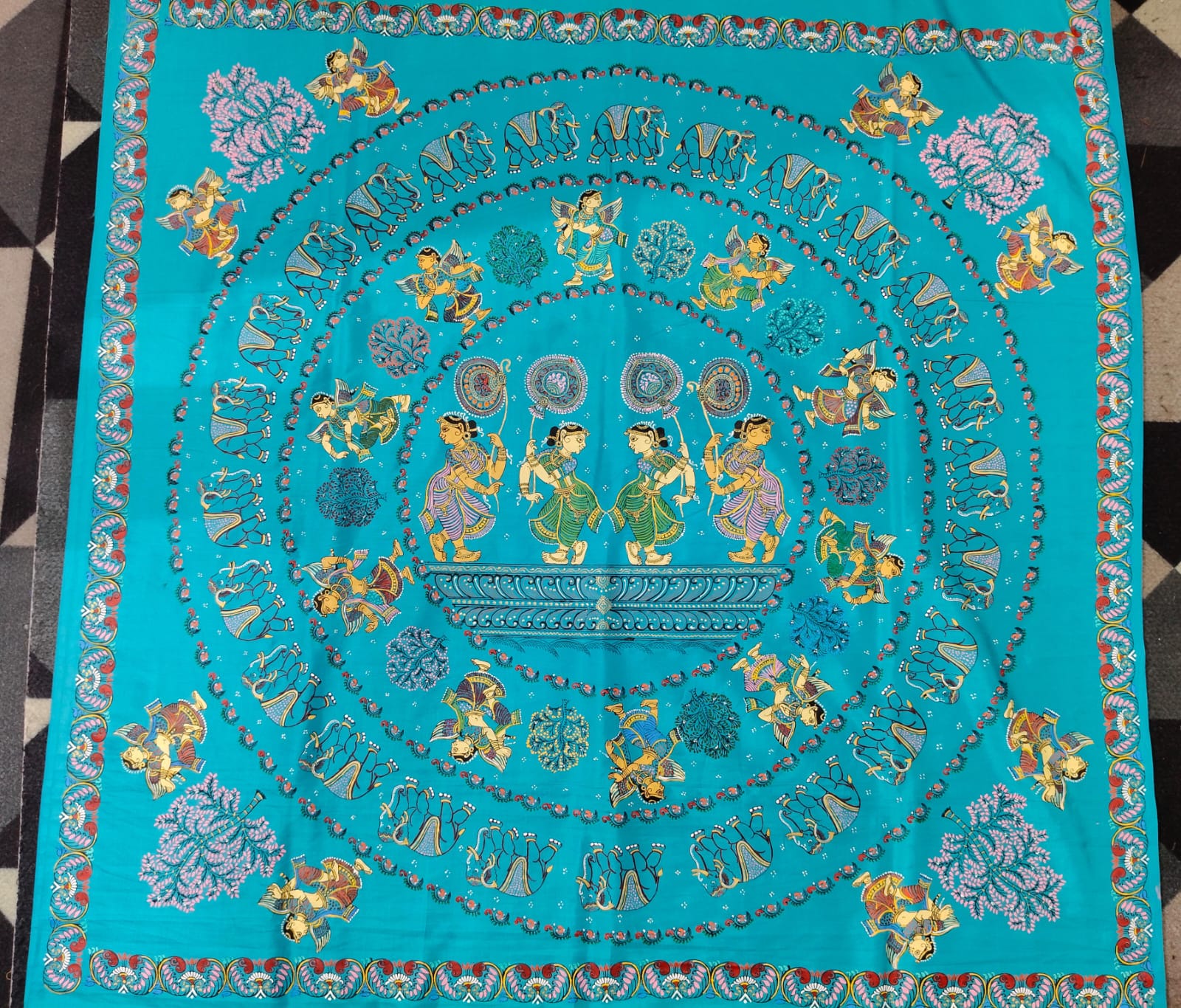 Copper Sulphate Sakhi Round Rasa Theme Pattachitra Khadi Silk Saree