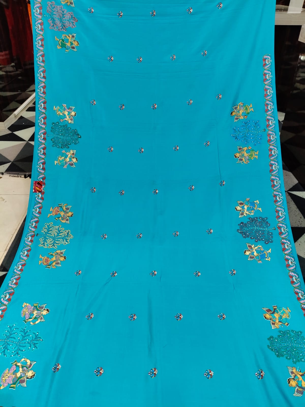 Copper Sulphate Sakhi Round Rasa Theme Pattachitra Khadi Silk Saree