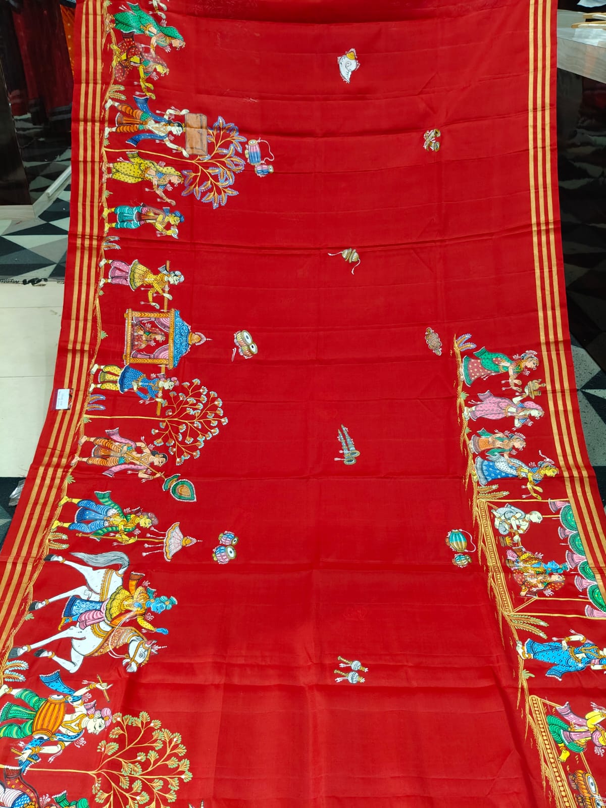 Red Marriage Theme Pattachitra Kanjeeveram Silk Saree