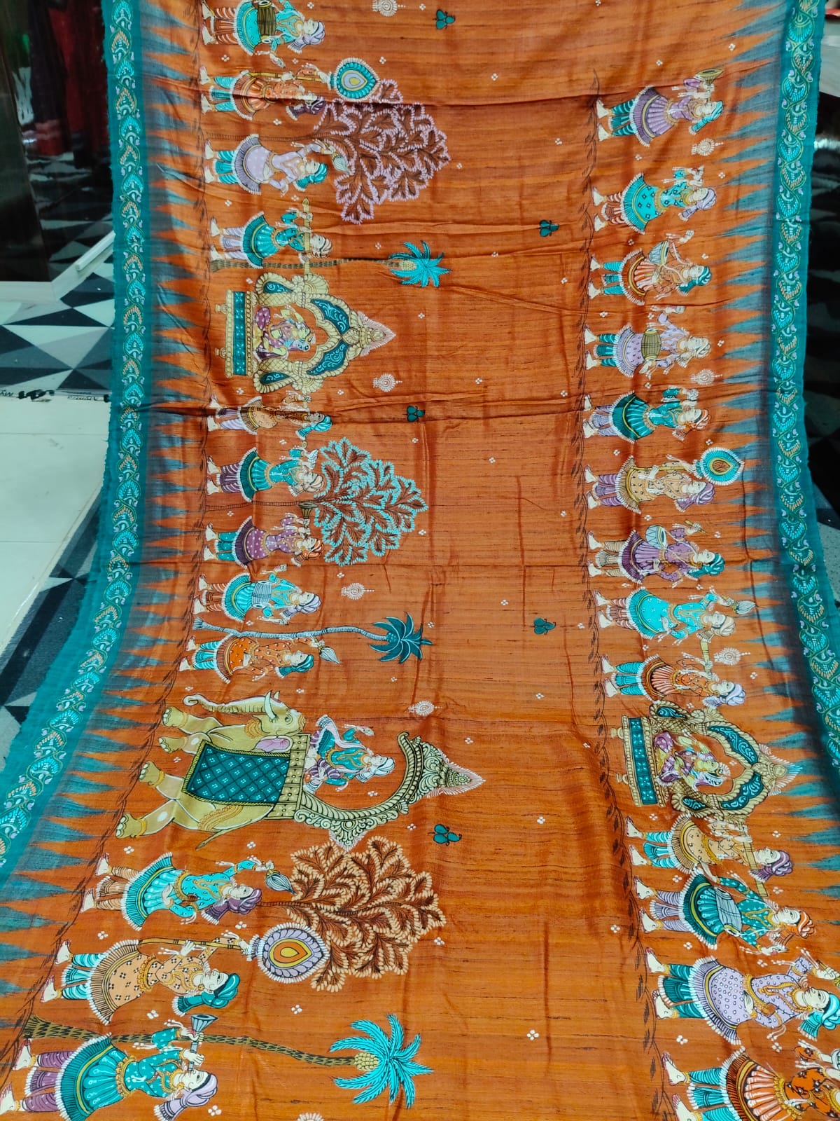 Orange Green  Marriage Theme Pattachitra Tussar Silk Saree