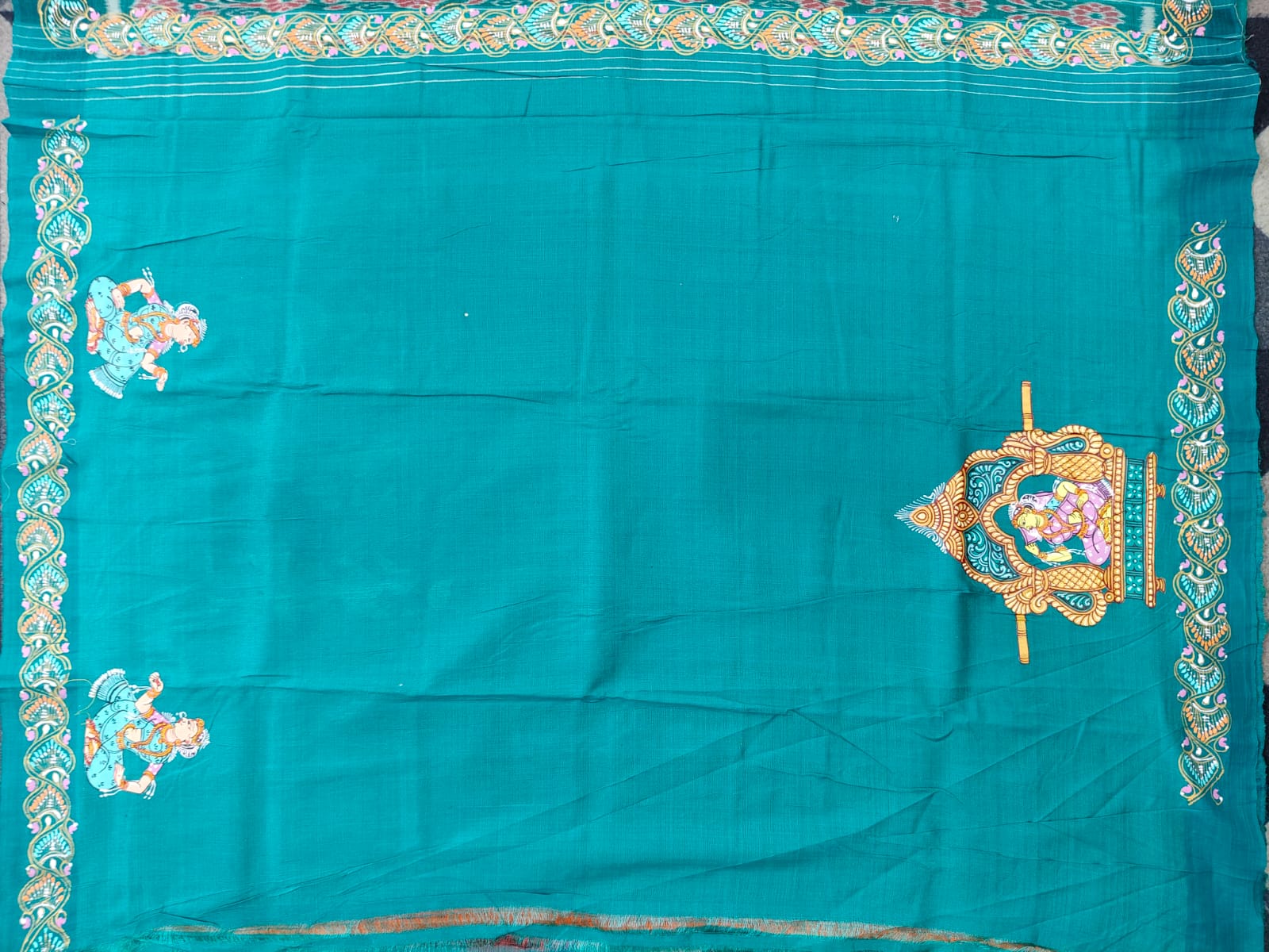 Orange Green  Marriage Theme Pattachitra Tussar Silk Saree