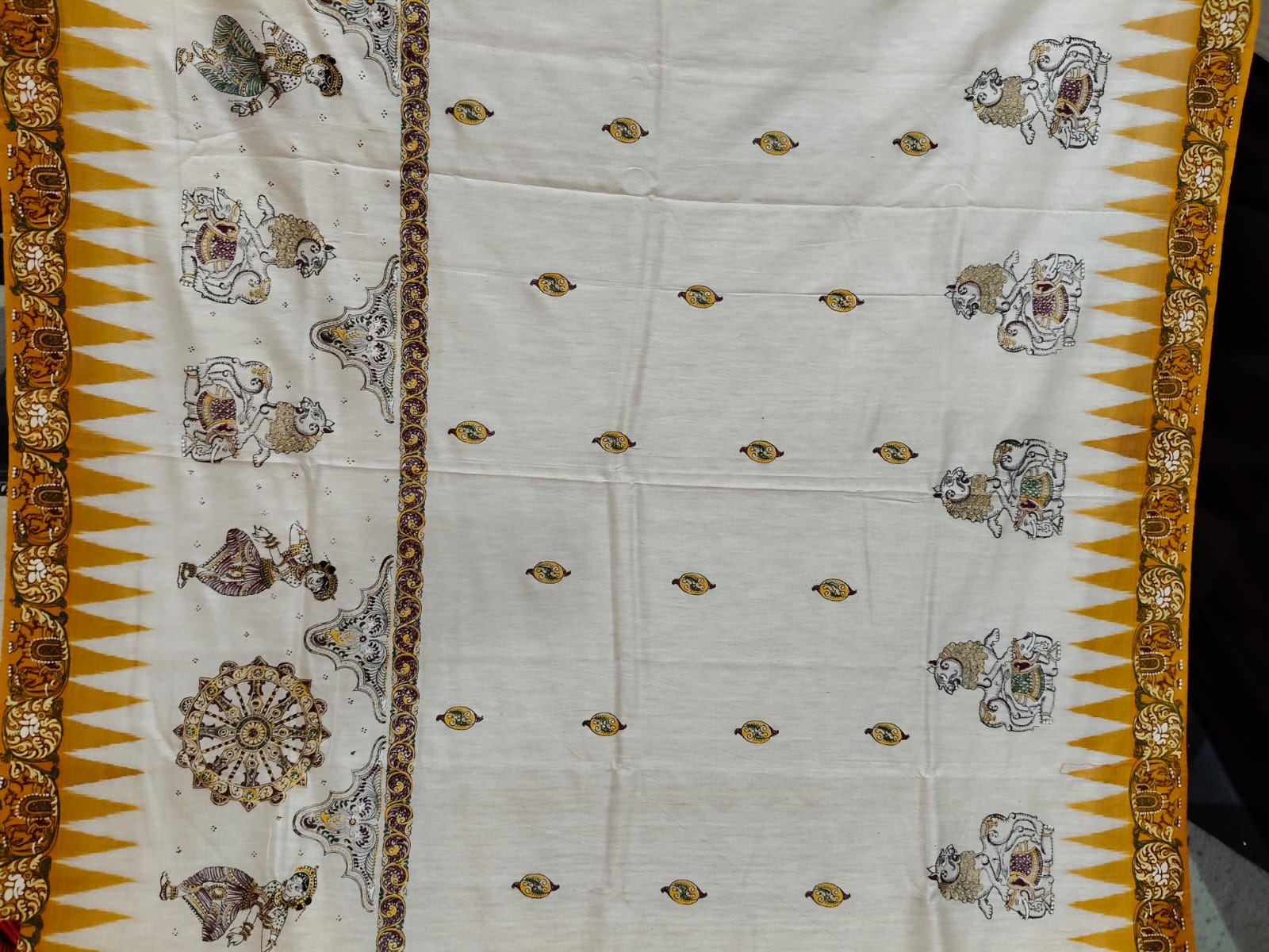 White Yellow Konark Wheel & Dancer Theme Pattachitra Tussar Silk Saree