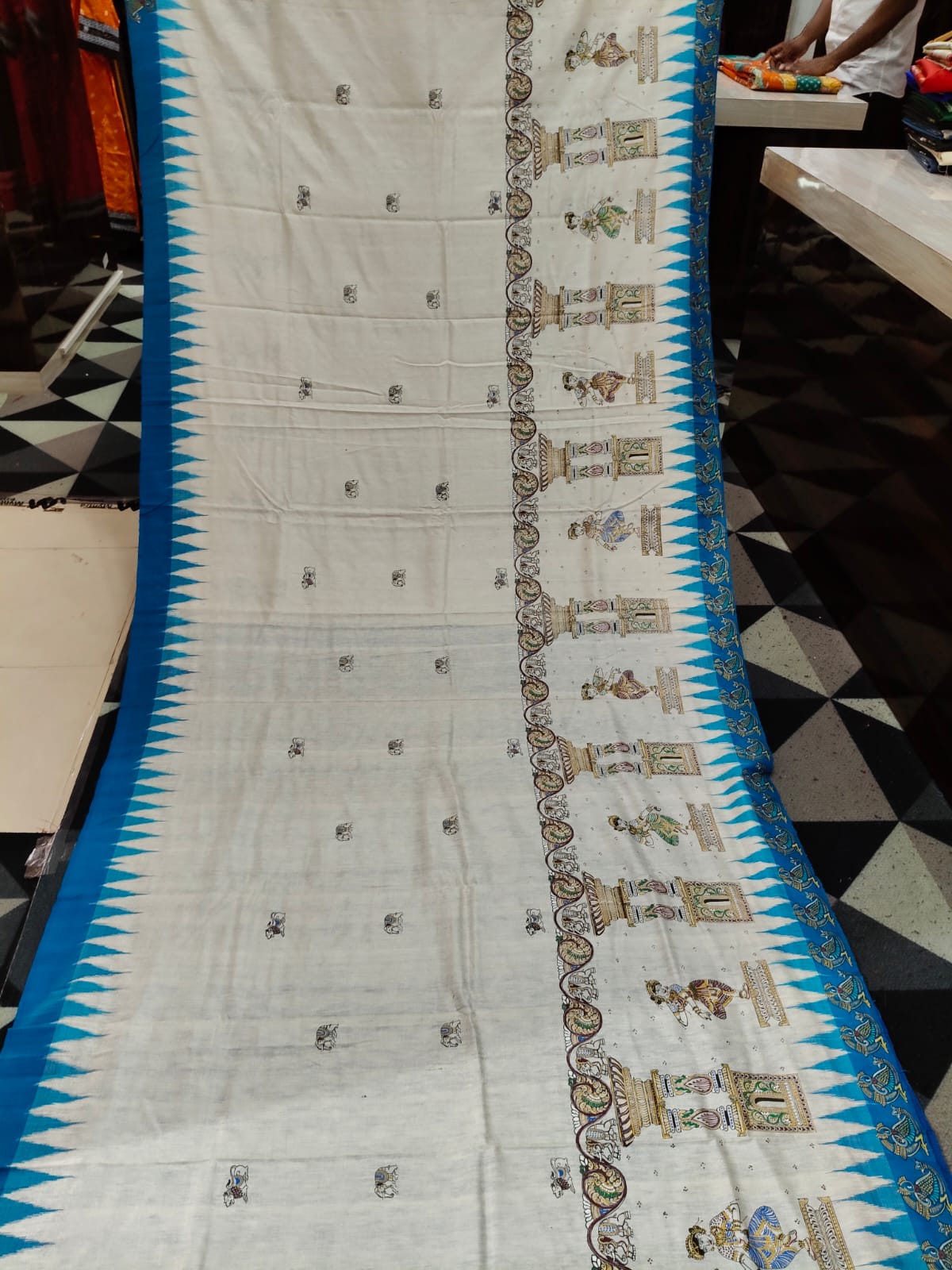White Copper Sulphate Dancer Theme Pattachitra Tussar Silk Saree