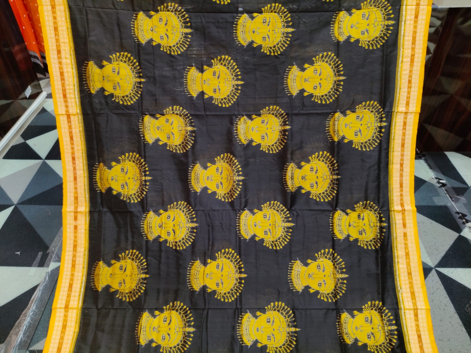 Black Yellow Odishi face Design Sambalpuri Silk Saree