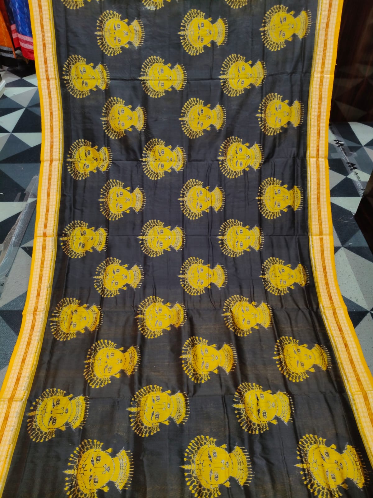 Black Yellow Odishi face Design Sambalpuri Silk Saree