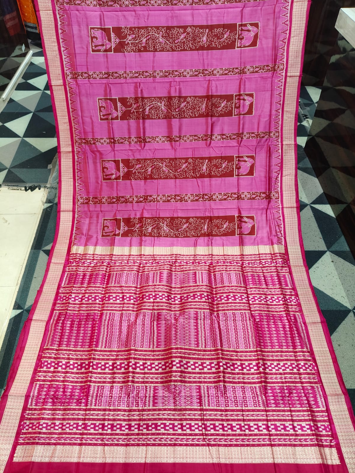 Deep Pink Magenta Half Half Jangal  Design Sambalpuri Silk Saree