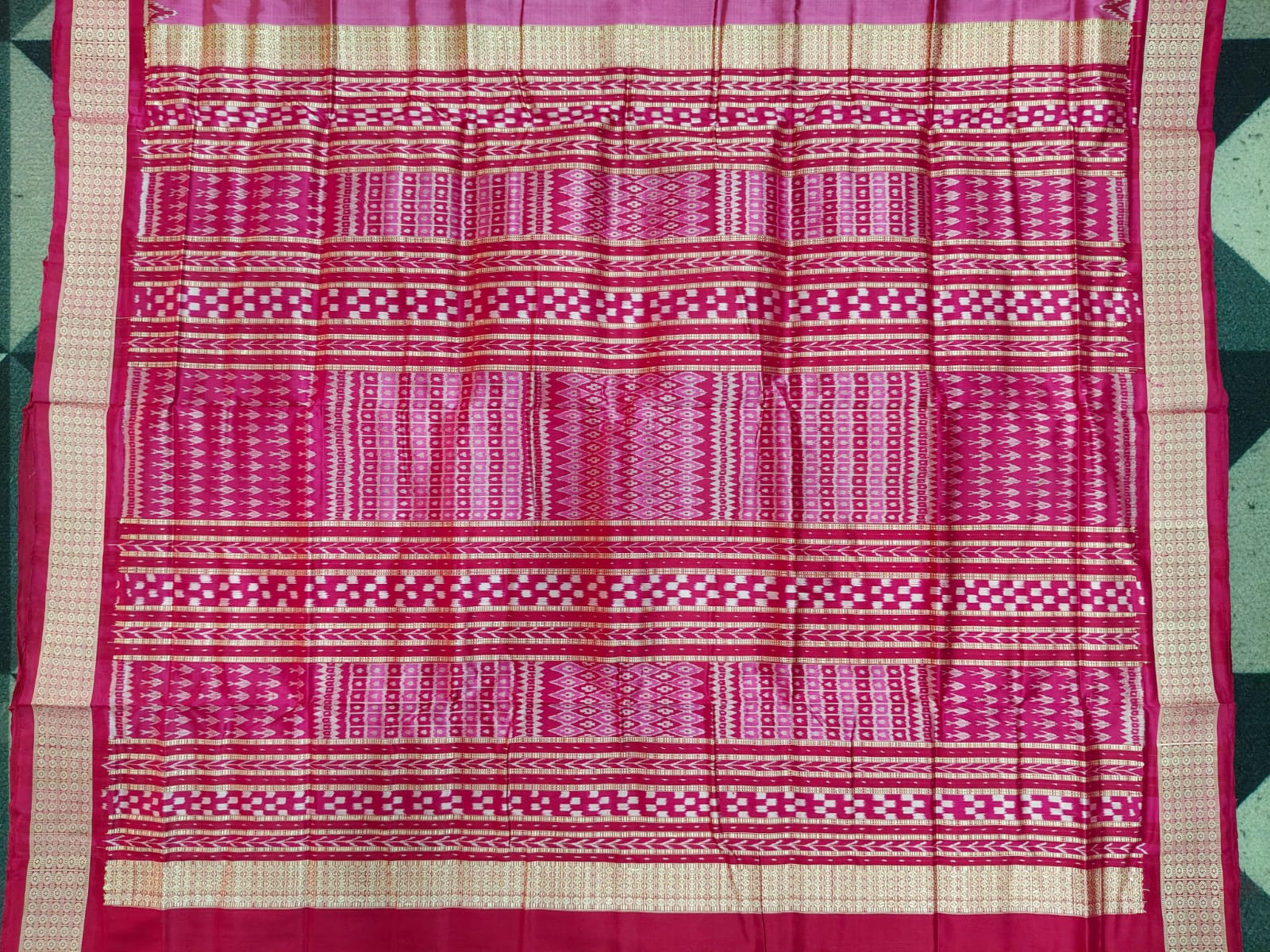 Deep Pink Magenta Half Half Jangal  Design Sambalpuri Silk Saree