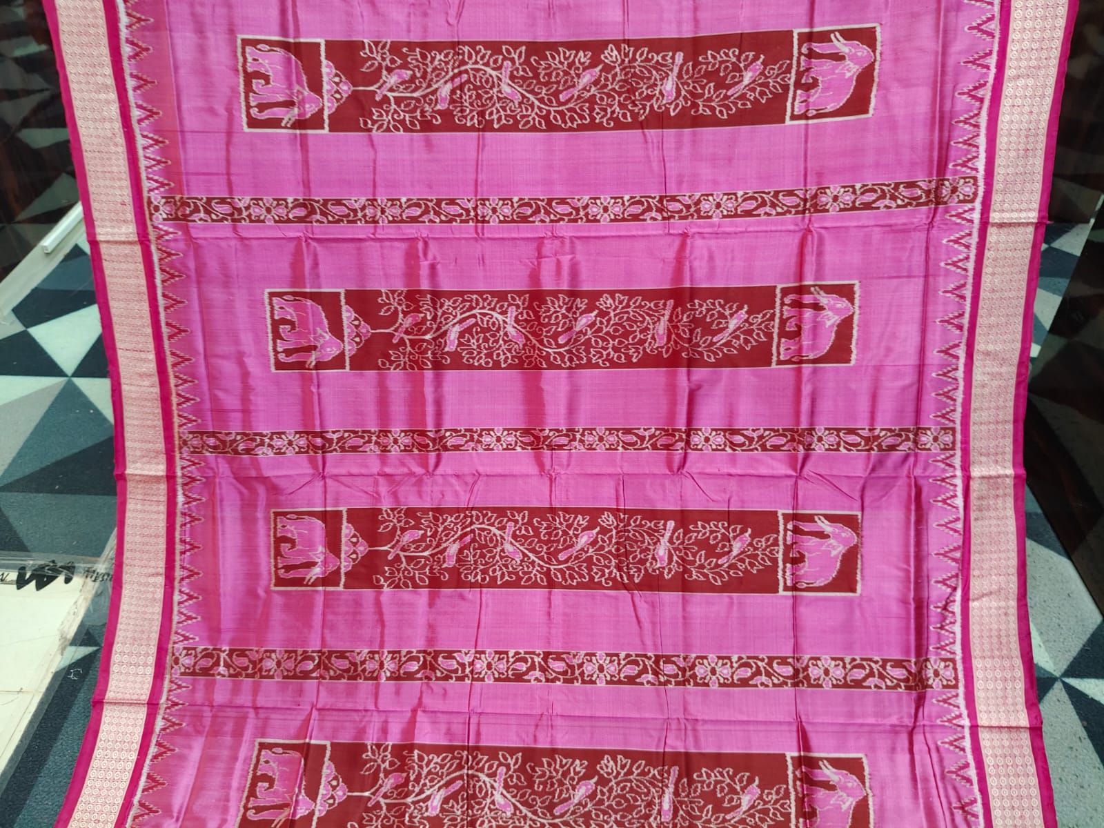Deep Pink Magenta Half Half Jangal  Design Sambalpuri Silk Saree