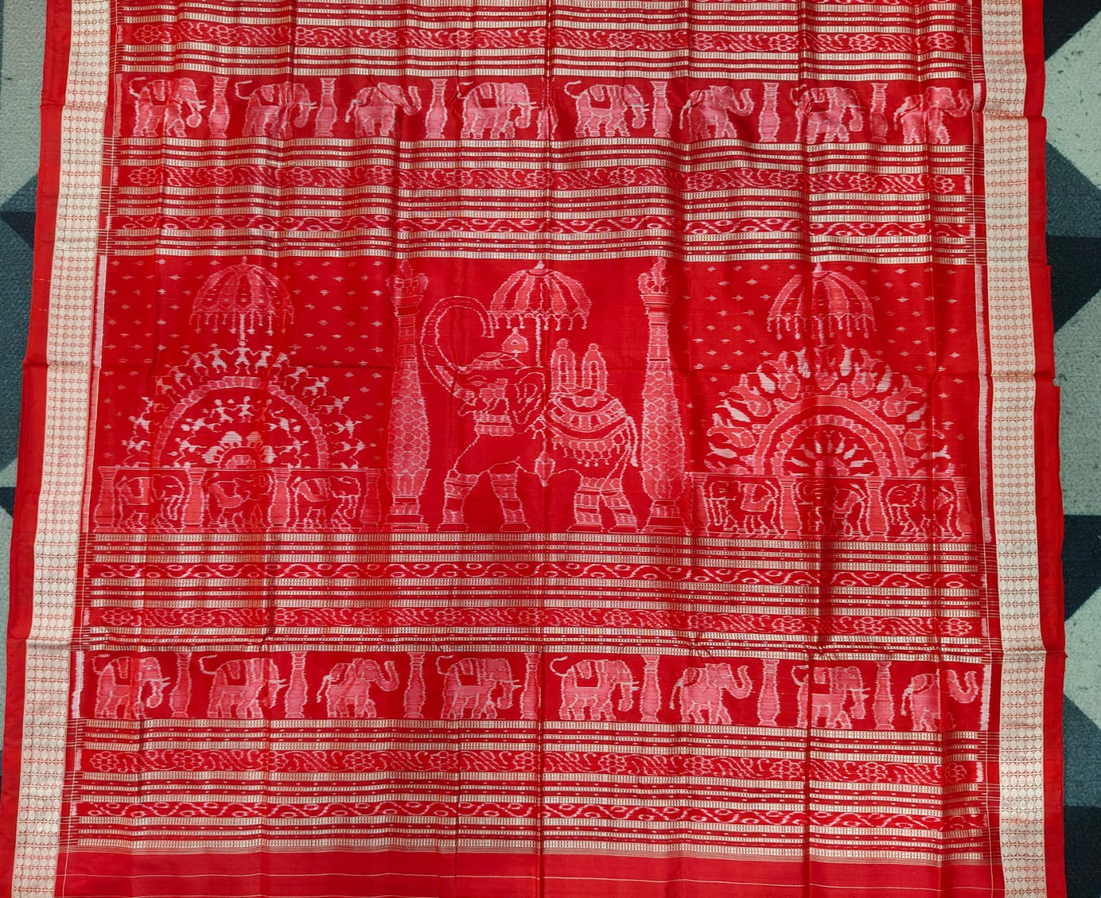 Navy Blue Red Tribal & Tree Design Sambalpuri Silk Saree