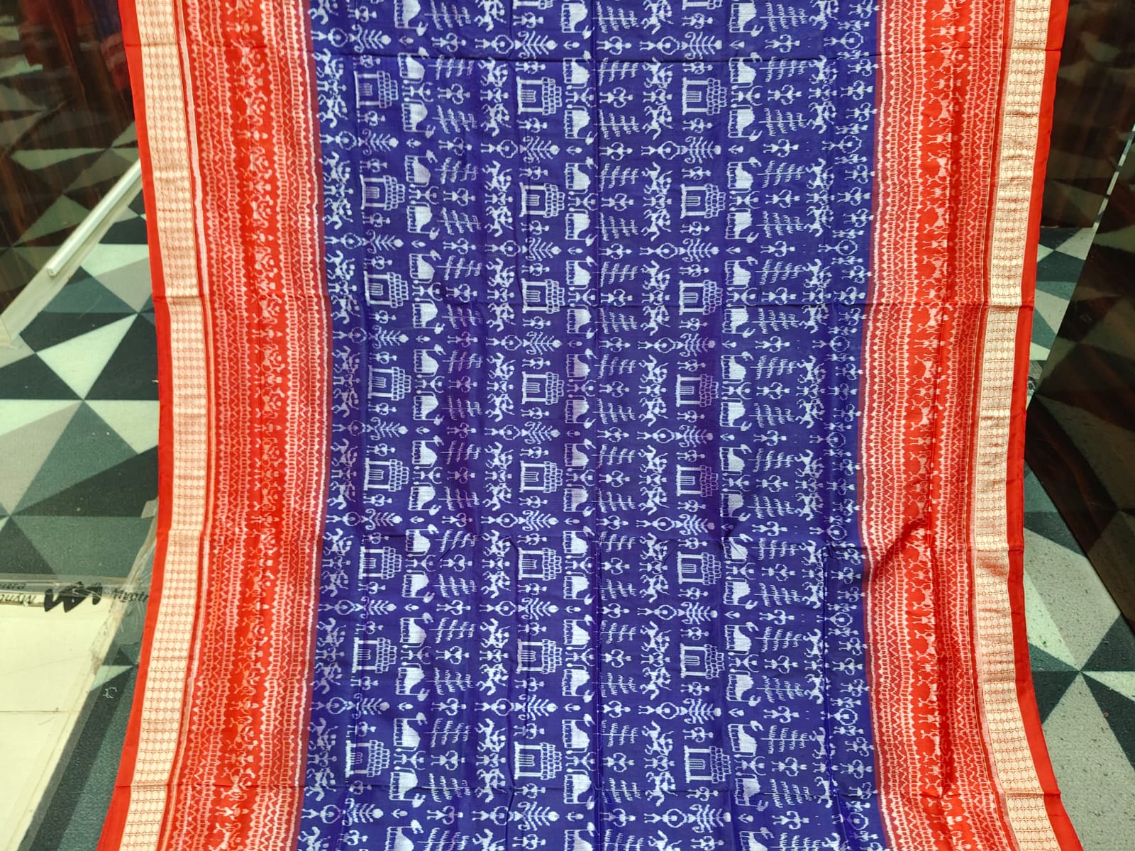 Navy Blue Red Tribal & Tree Design Sambalpuri Silk Saree
