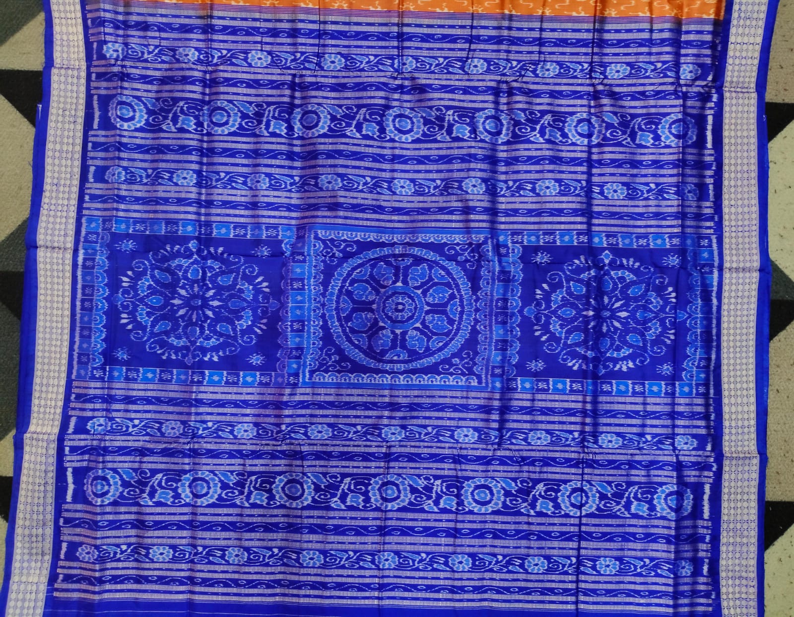 Rust-Brown Blue Tribal & Flower Design Sambalpuri Silk Saree