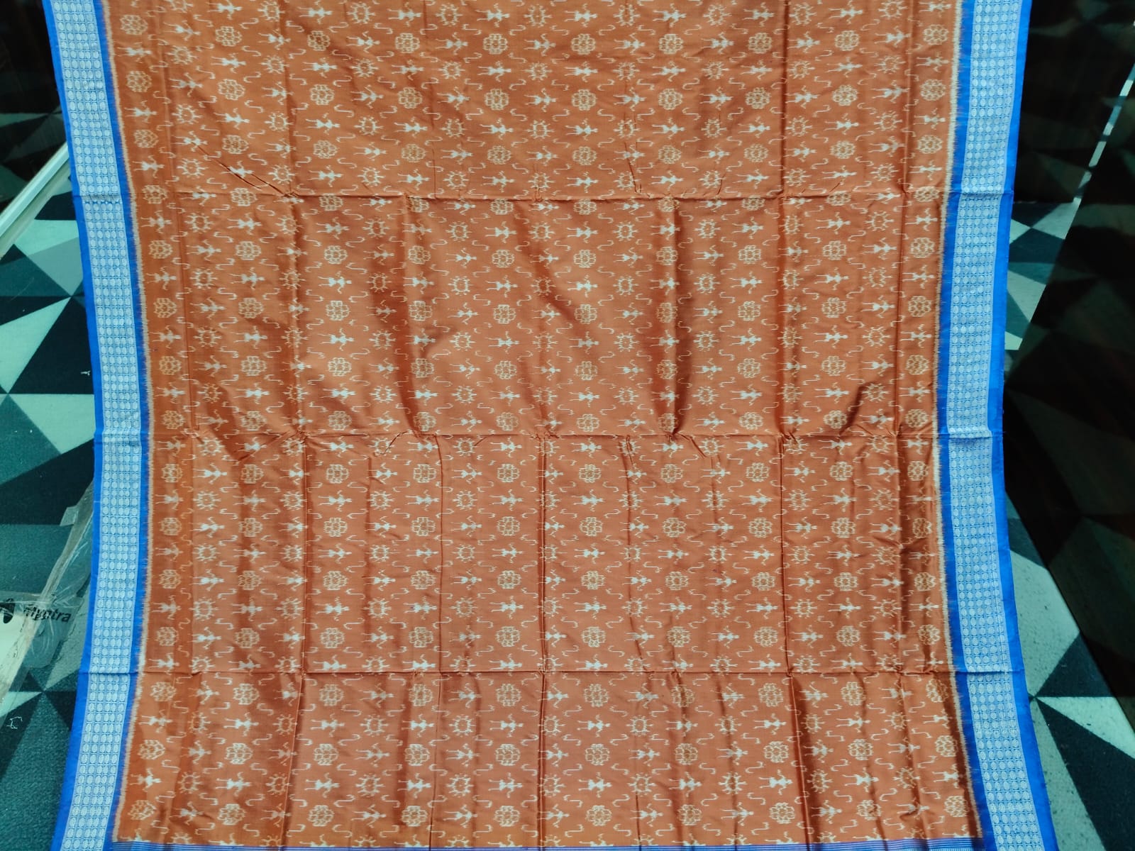 Rust-Brown Blue Tribal & Flower Design Sambalpuri Silk Saree