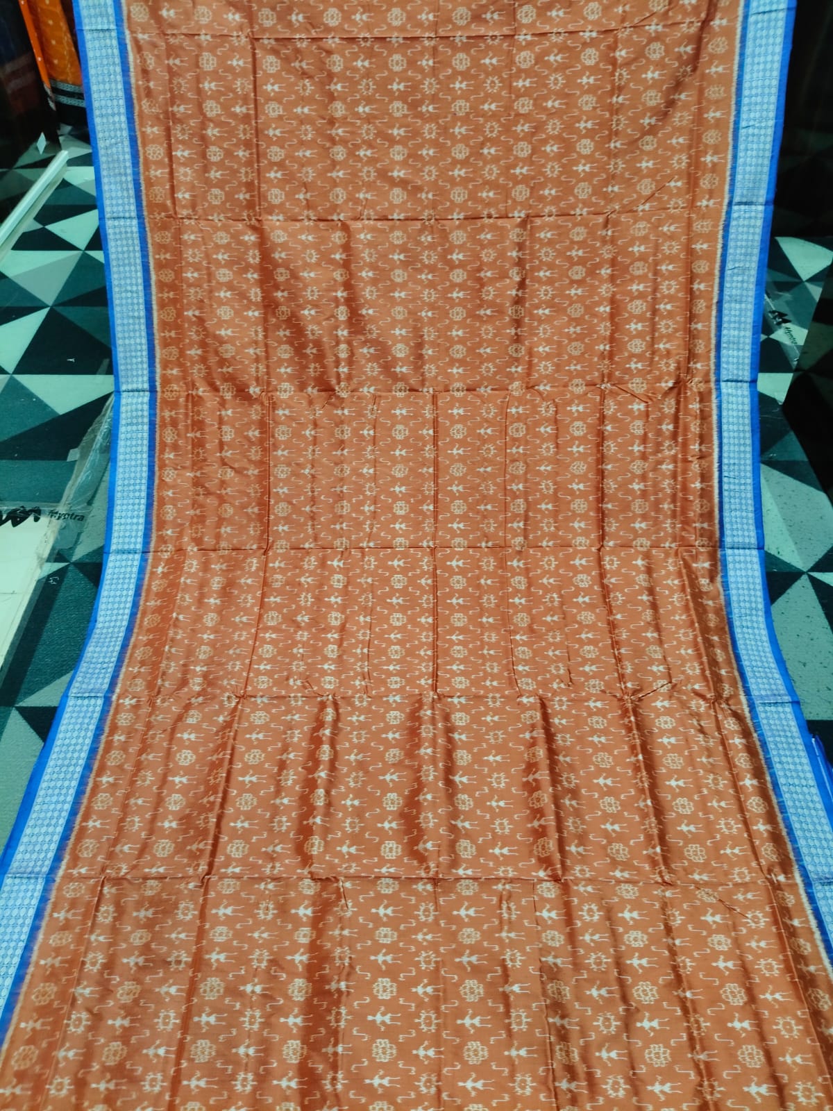 Rust-Brown Blue Tribal & Flower Design Sambalpuri Silk Saree