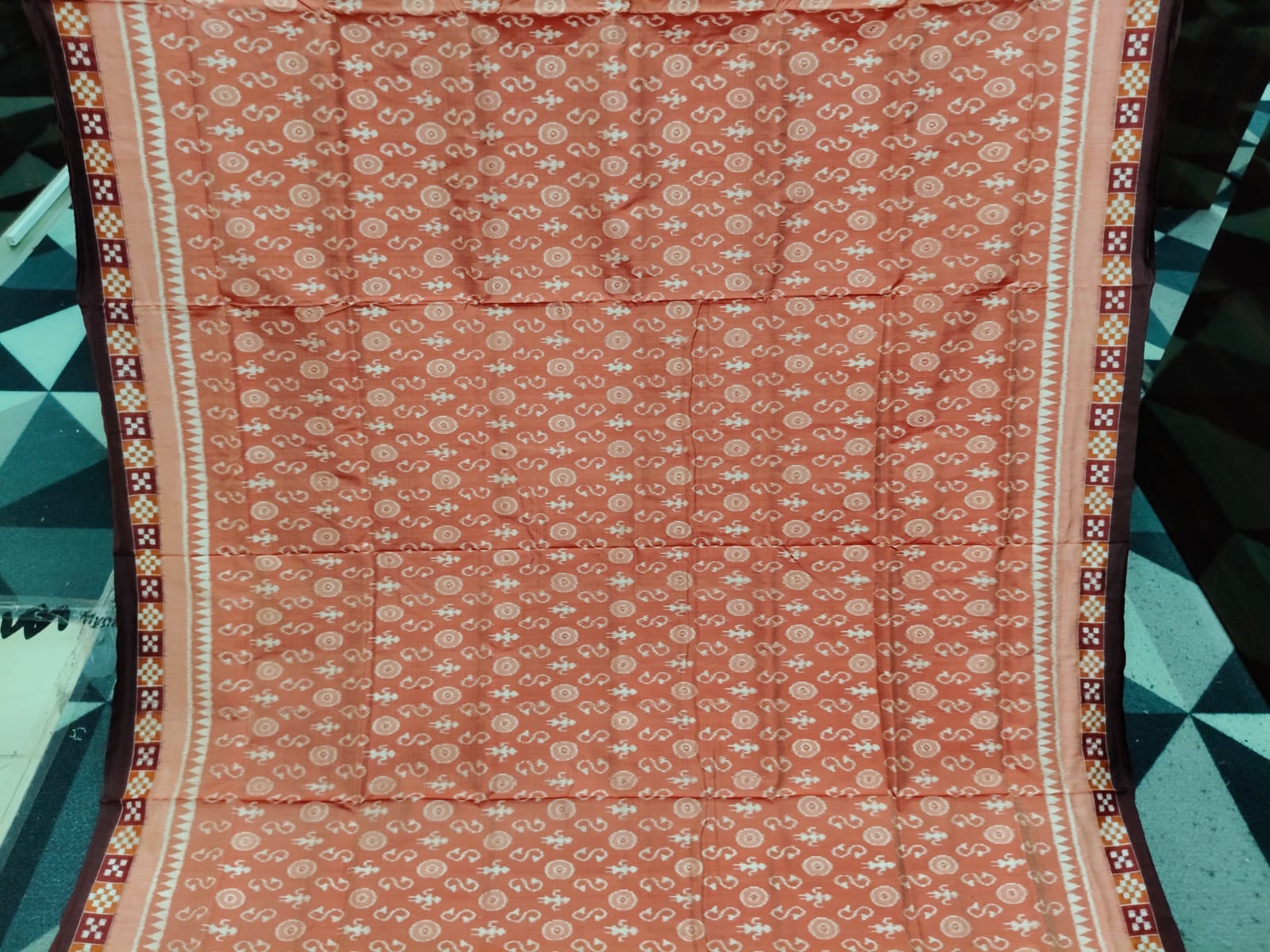 Light Brown Coffee Border Pasapali Tribal & Flower Design Sambalpuri Silk Saree