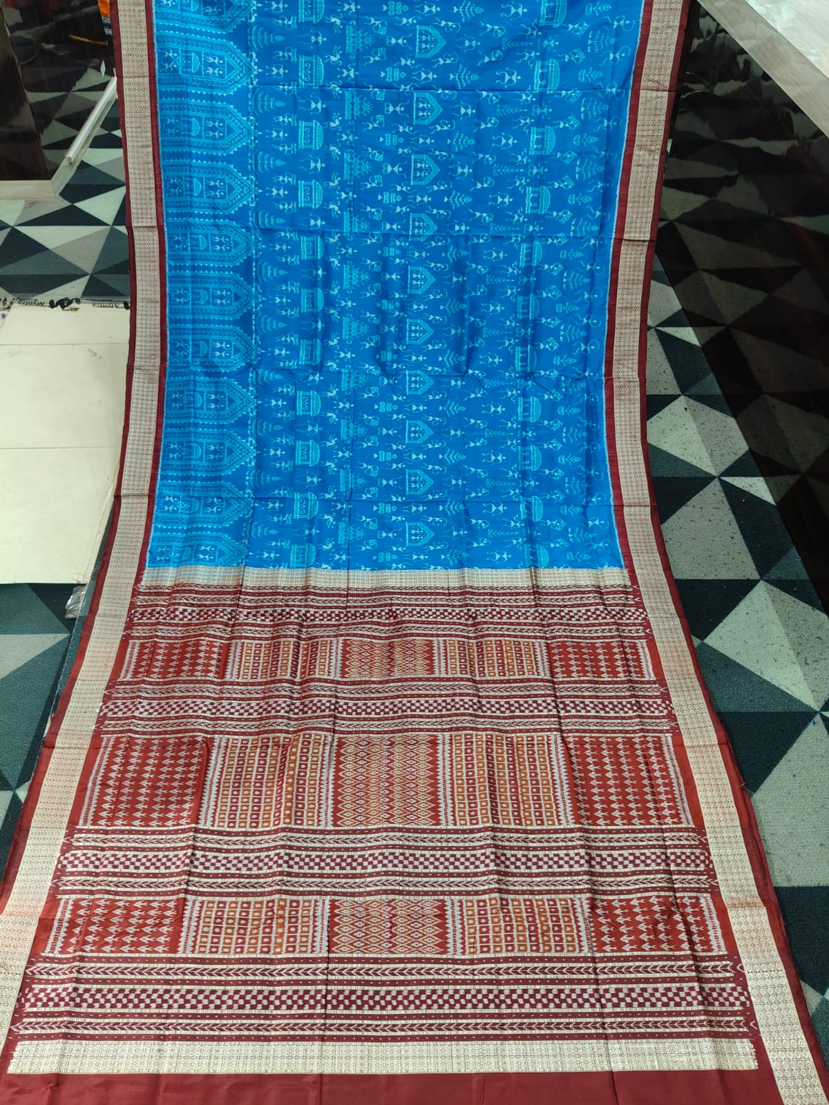 Deep Sky Coffee Tribal & House Design Sambalpuri Silk Saree