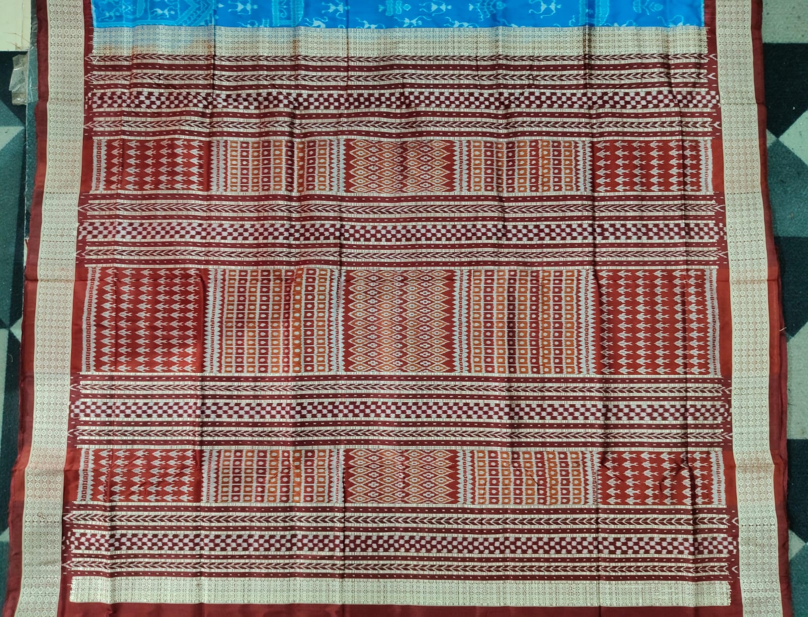 Deep Sky Coffee Tribal & House Design Sambalpuri Silk Saree