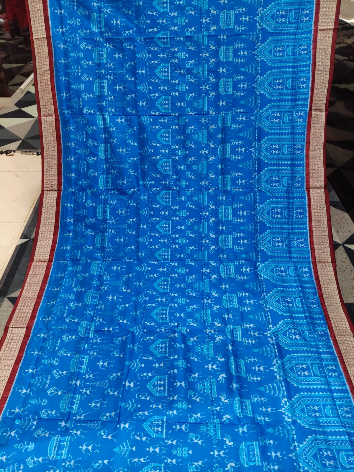Deep Sky Coffee Tribal & House Design Sambalpuri Silk Saree