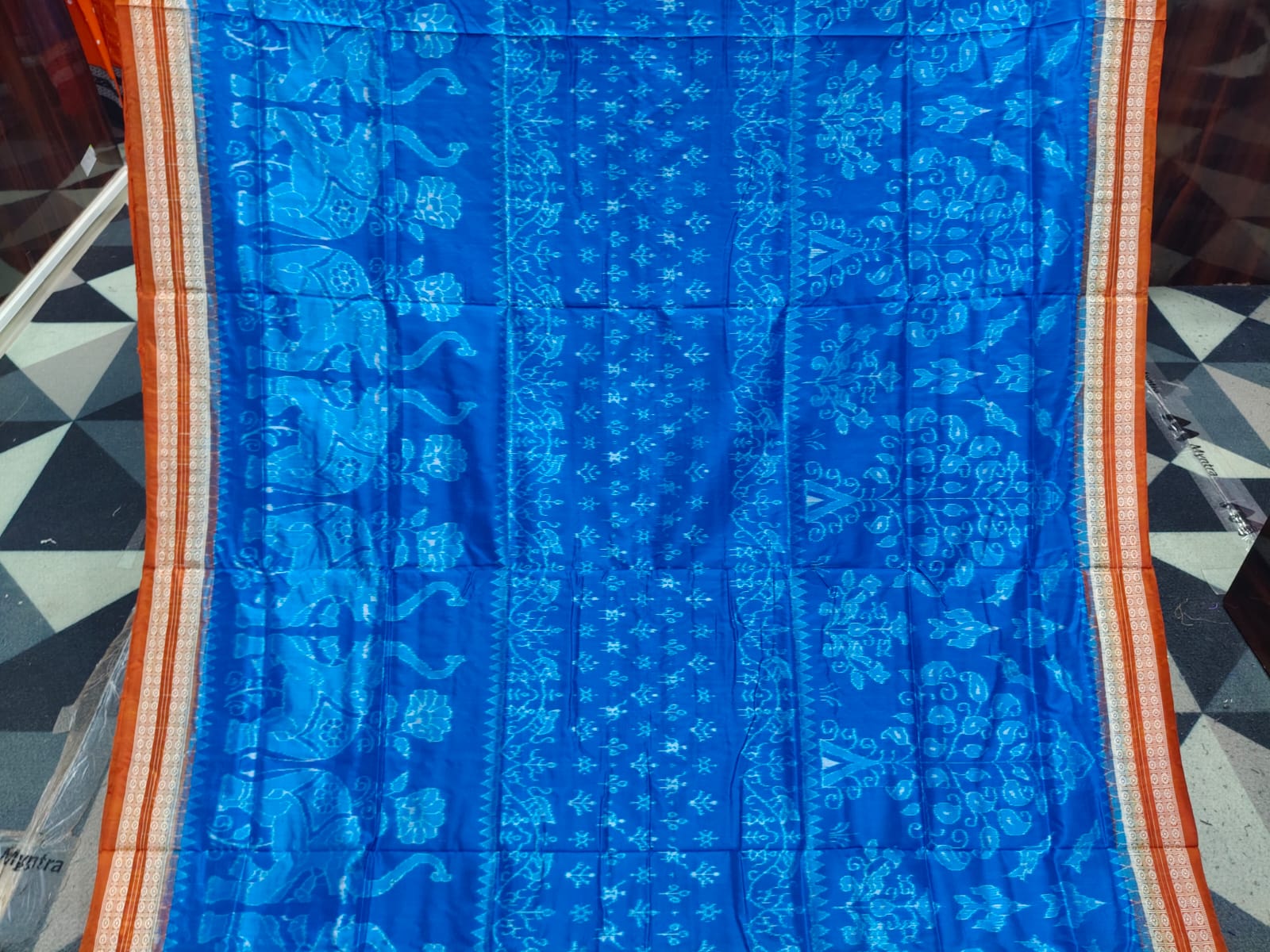 Copper Sulphate Rust Tree & Scot Elephant Design Sambalpuri Silk Saree