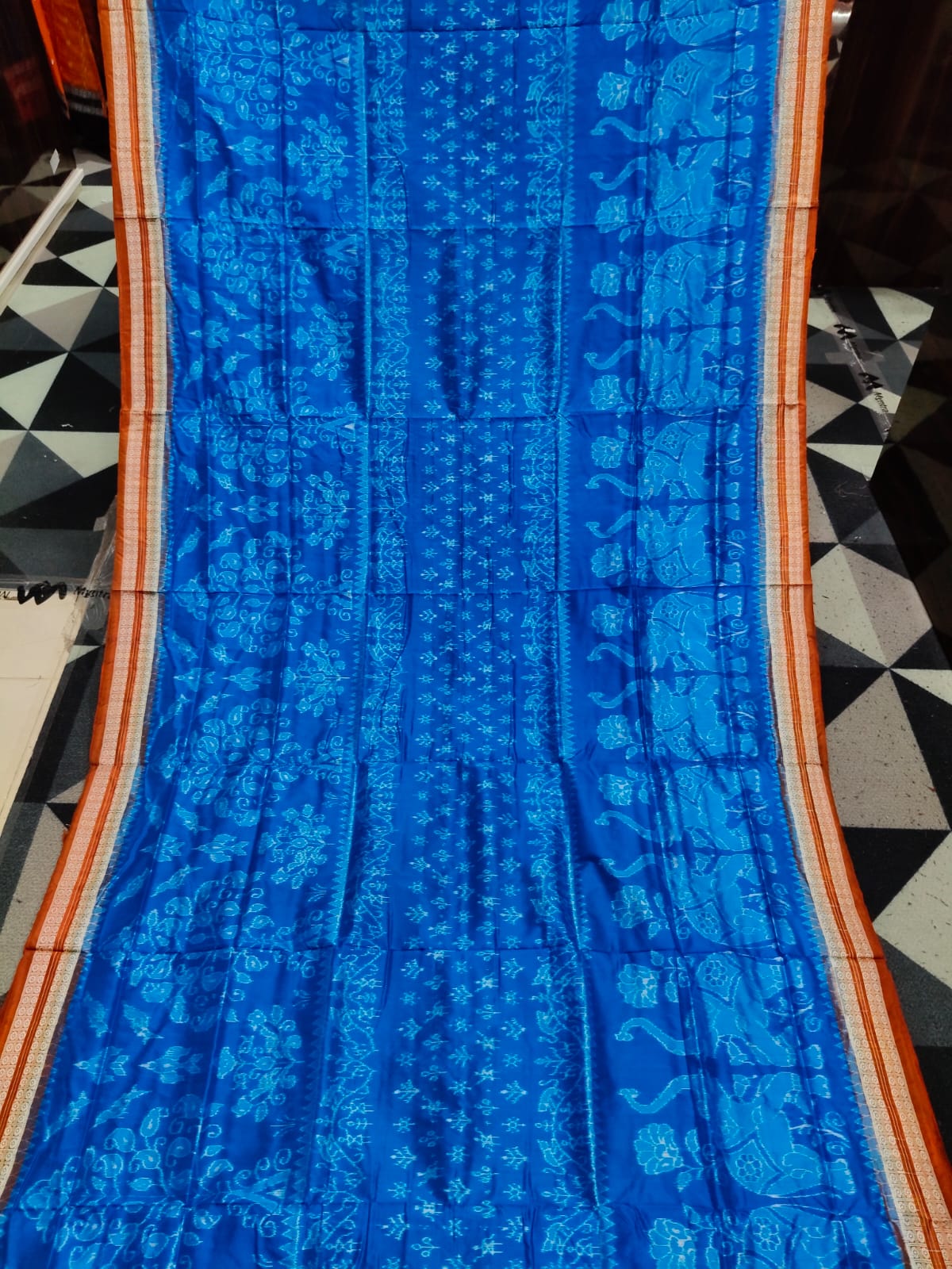 Copper Sulphate Rust Tree & Scot Elephant Design Sambalpuri Silk Saree