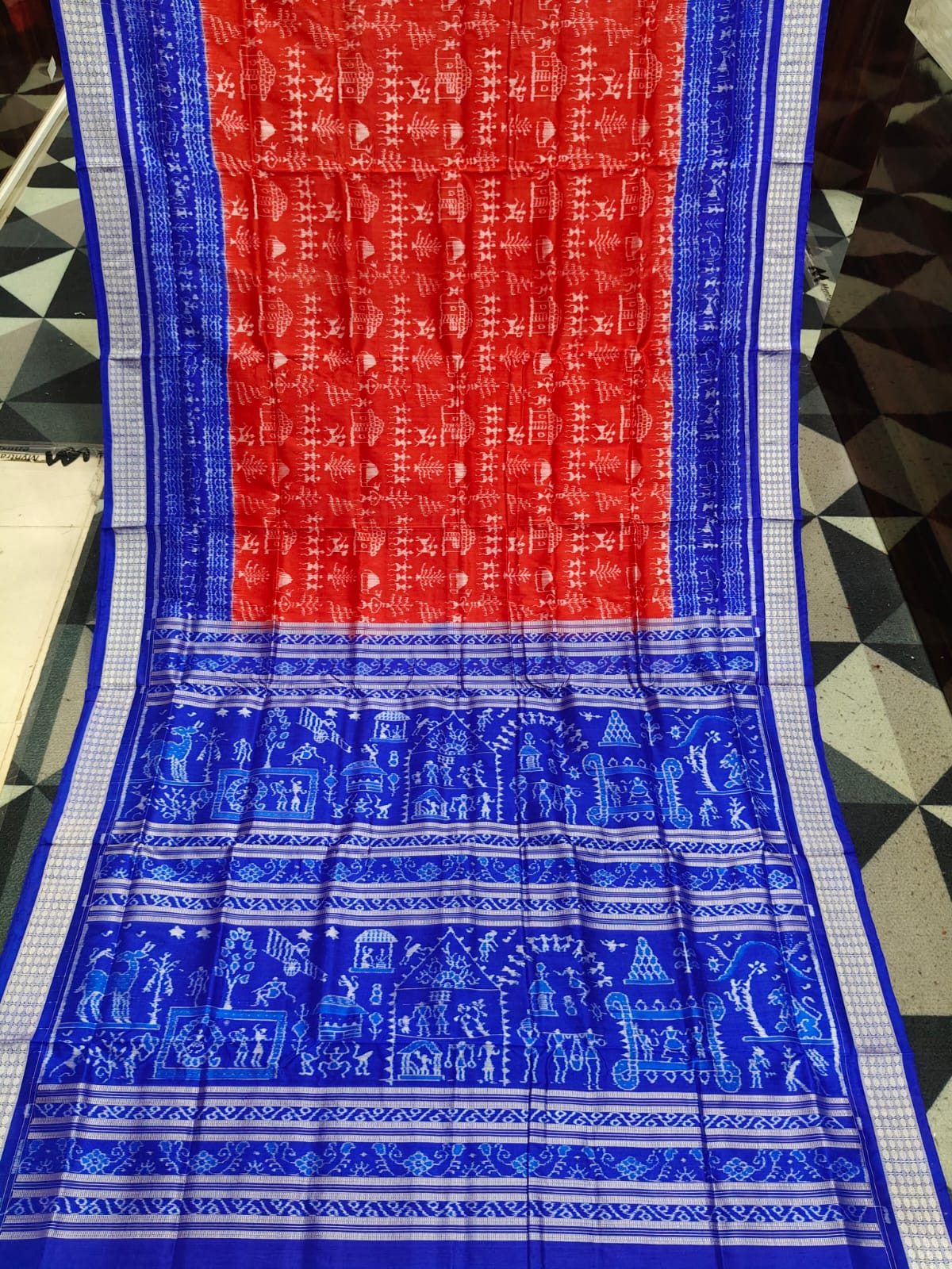 Red Blue Tribal & Tree Design Sambalpuri Silk Saree