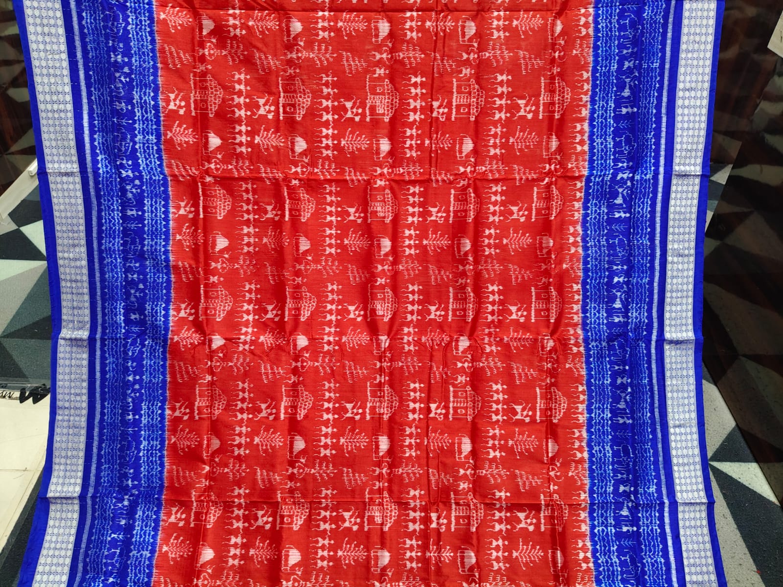 Red Blue Tribal & Tree Design Sambalpuri Silk Saree