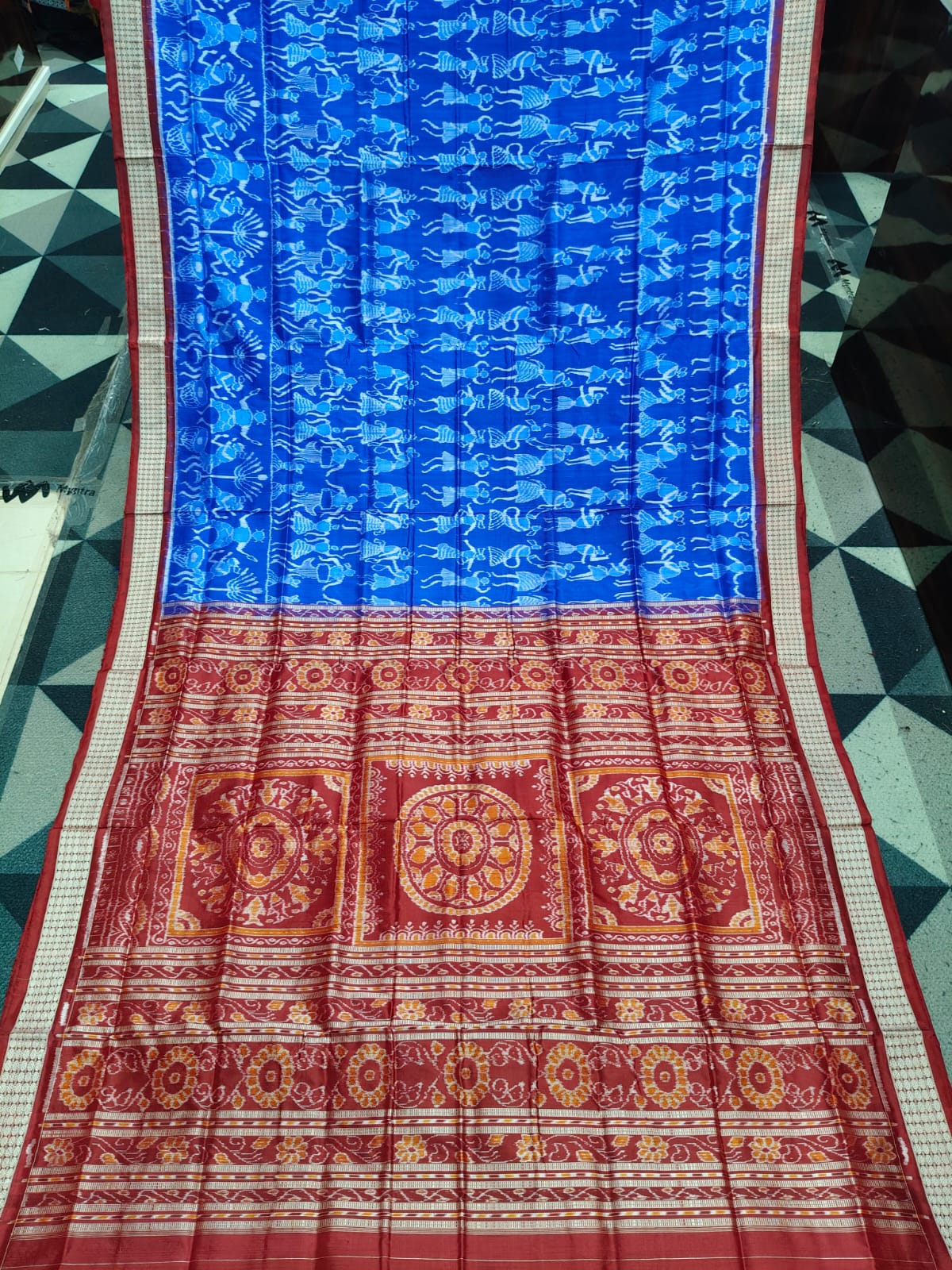 Blue Maroon Adibasi Dance Design Sambalpuri Silk Saree