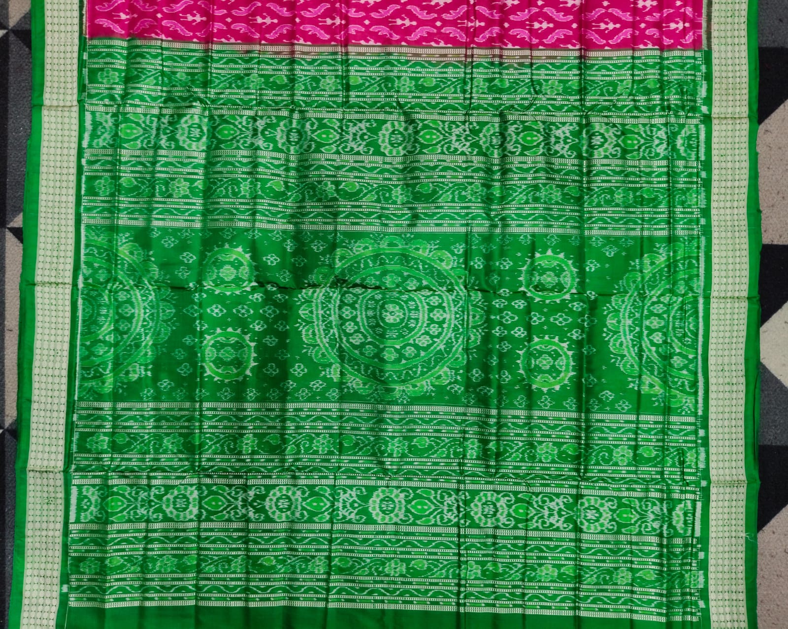 Rani Pink Green Tribal Design Sambalpuri Silk Saree