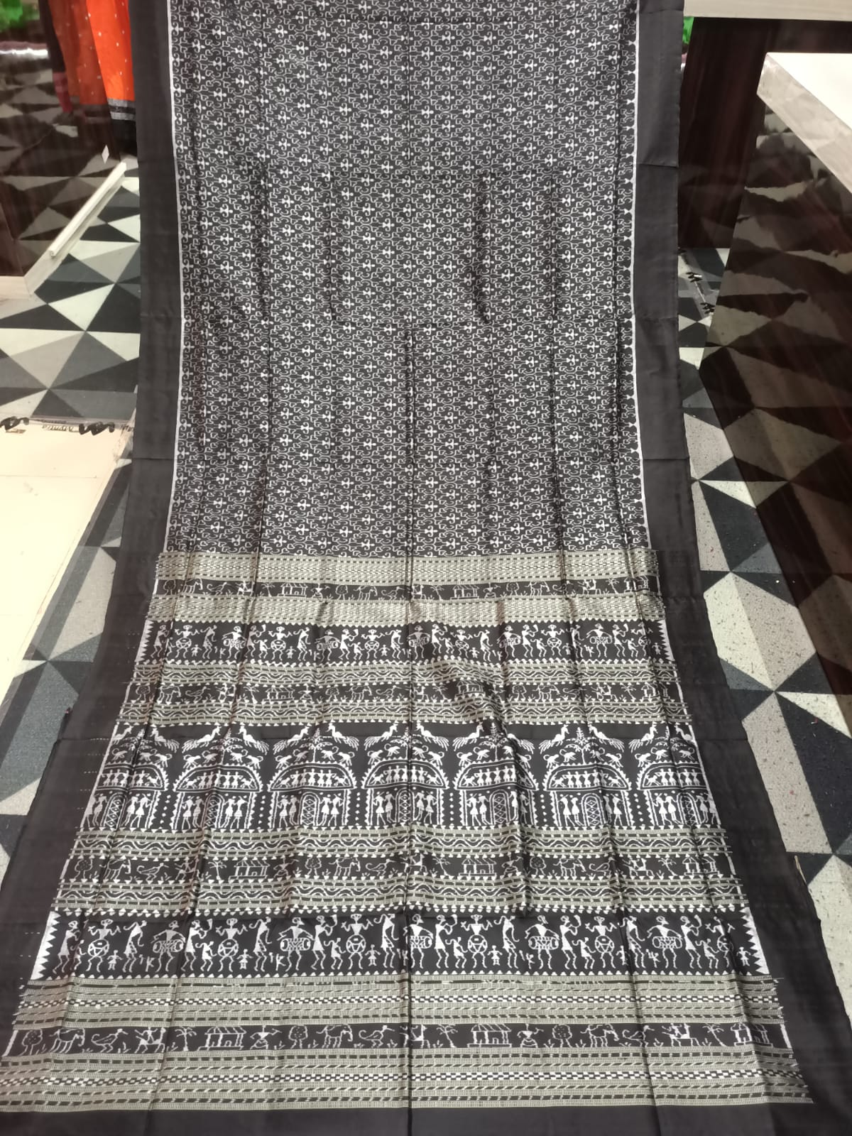 Black Silver Tribal Design Sambalpuri Silk Saree