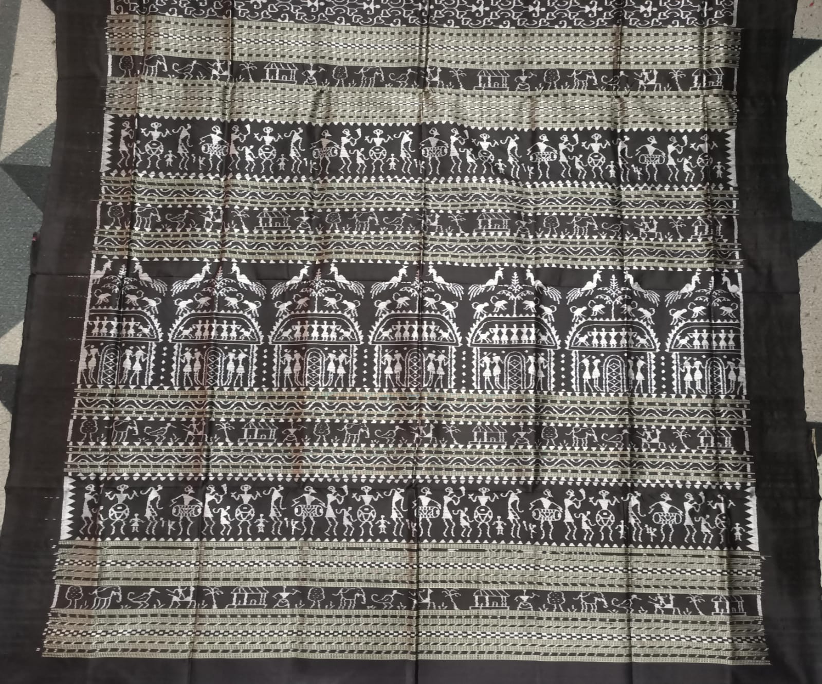 Black Silver Tribal Design Sambalpuri Silk Saree