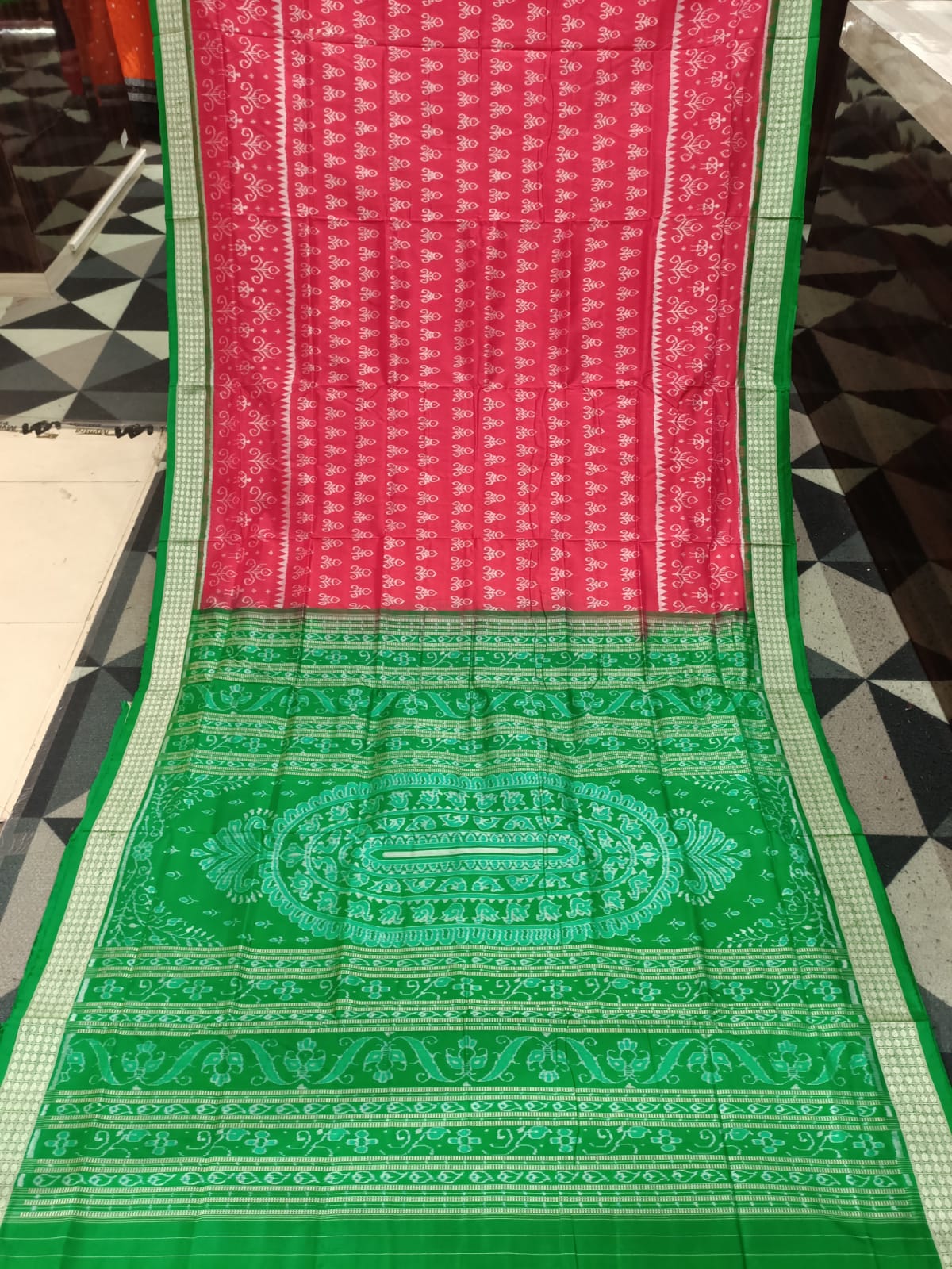 Peach Green Tree Design Sambalpuri Silk Saree