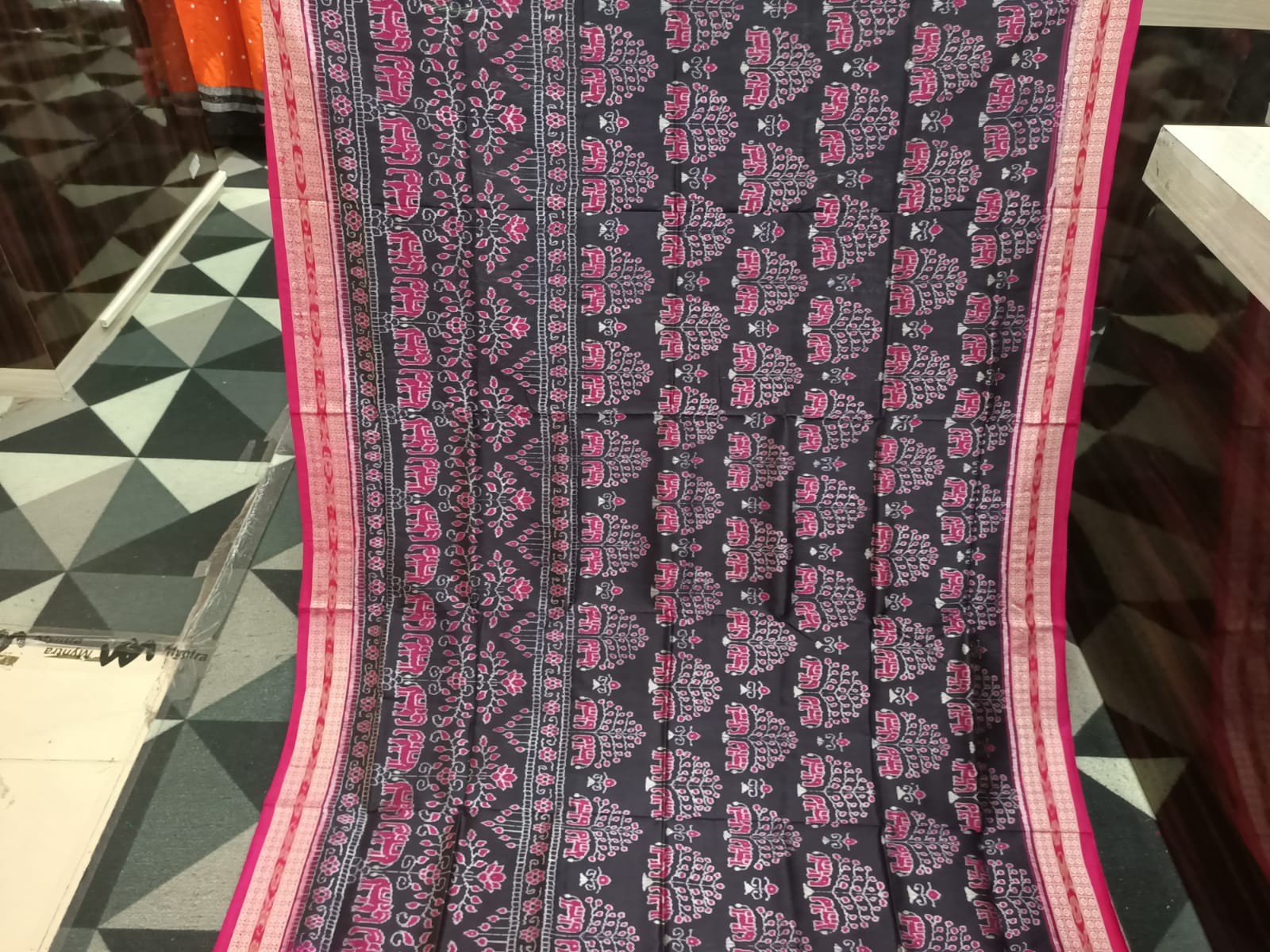 Navy Blue Magenta Tree & Elephant Design Sambalpuri Silk Saree