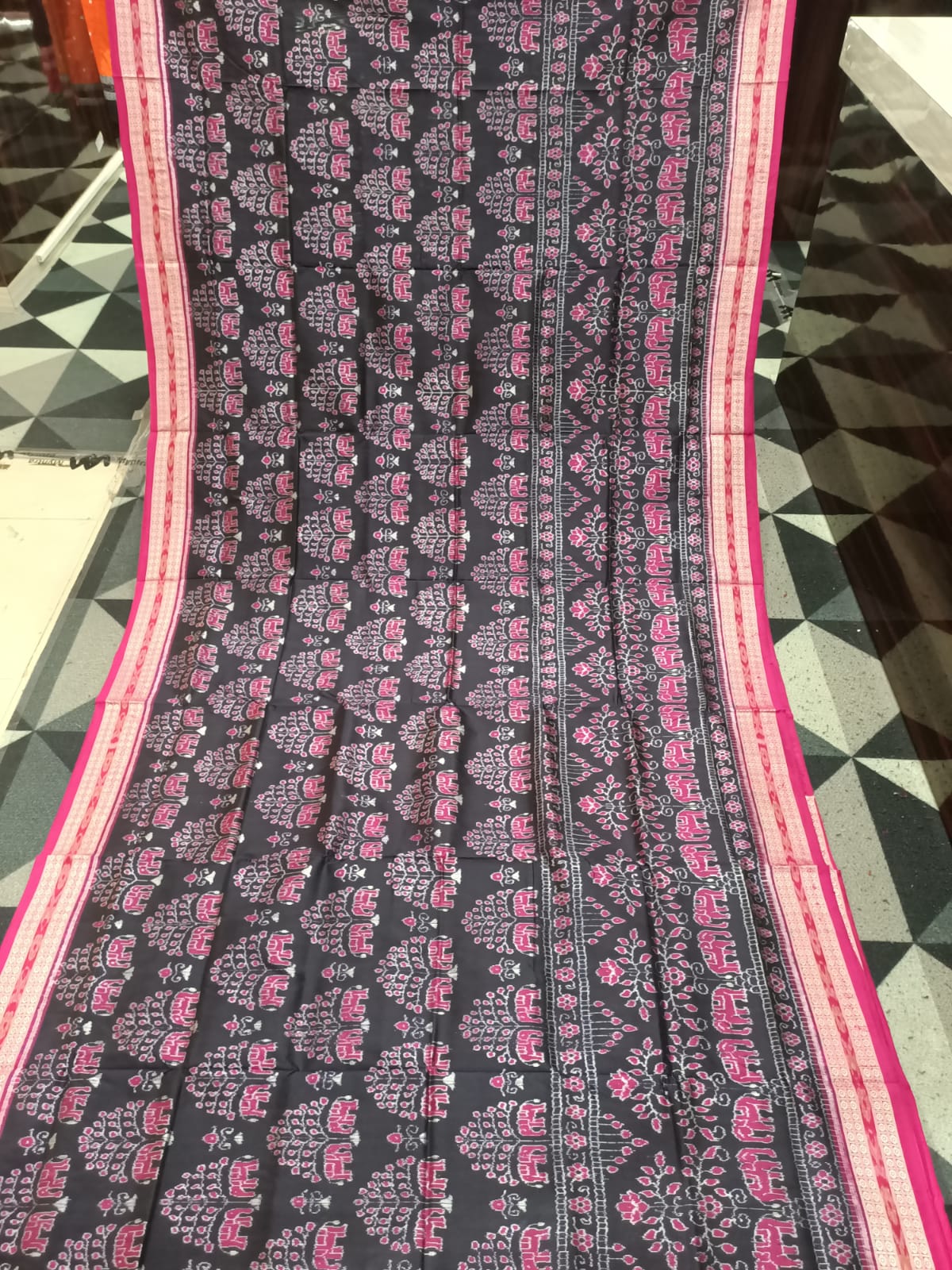Navy Blue Magenta Tree & Elephant Design Sambalpuri Silk Saree