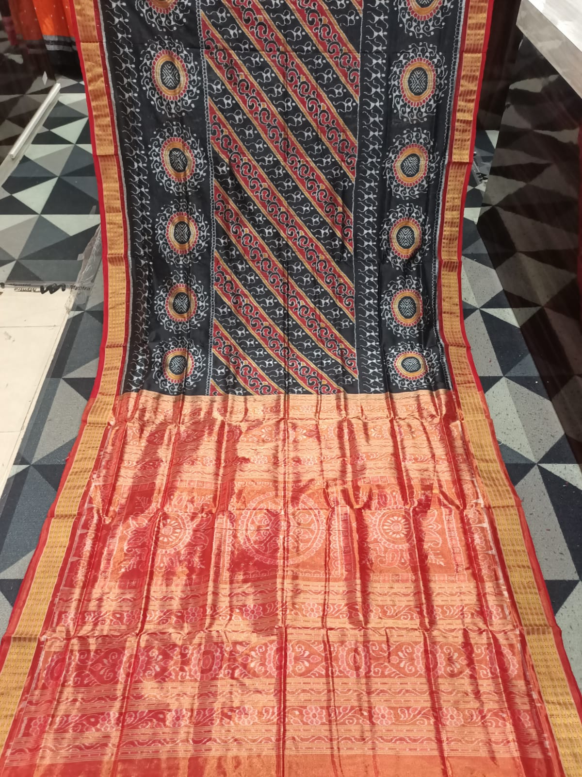 Black Maroon Tribal Half Tissue Sambalpuri Silk Saree