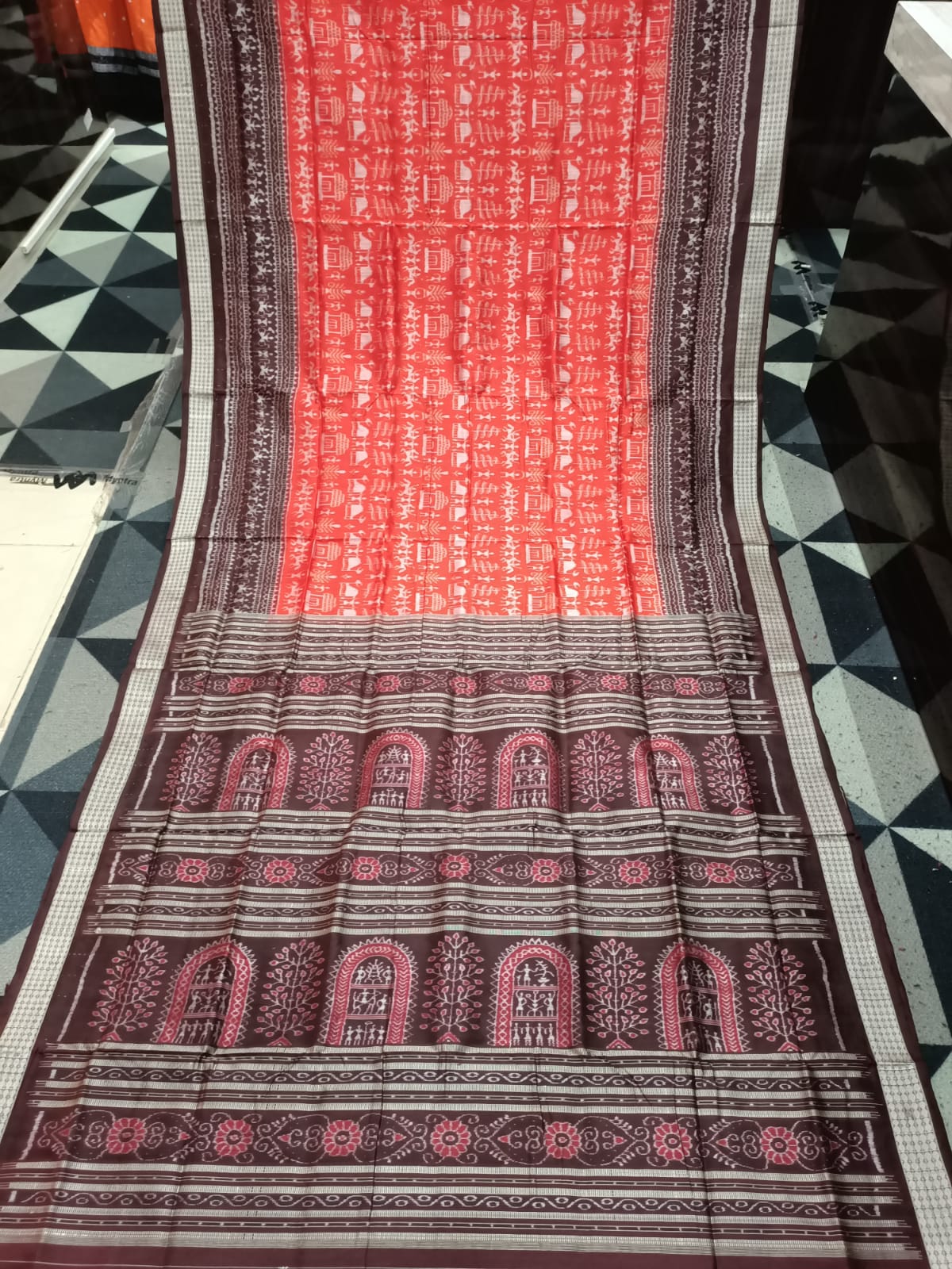 Orange Coffee Tribal & Tree Design Sambalpuri Silk Saree