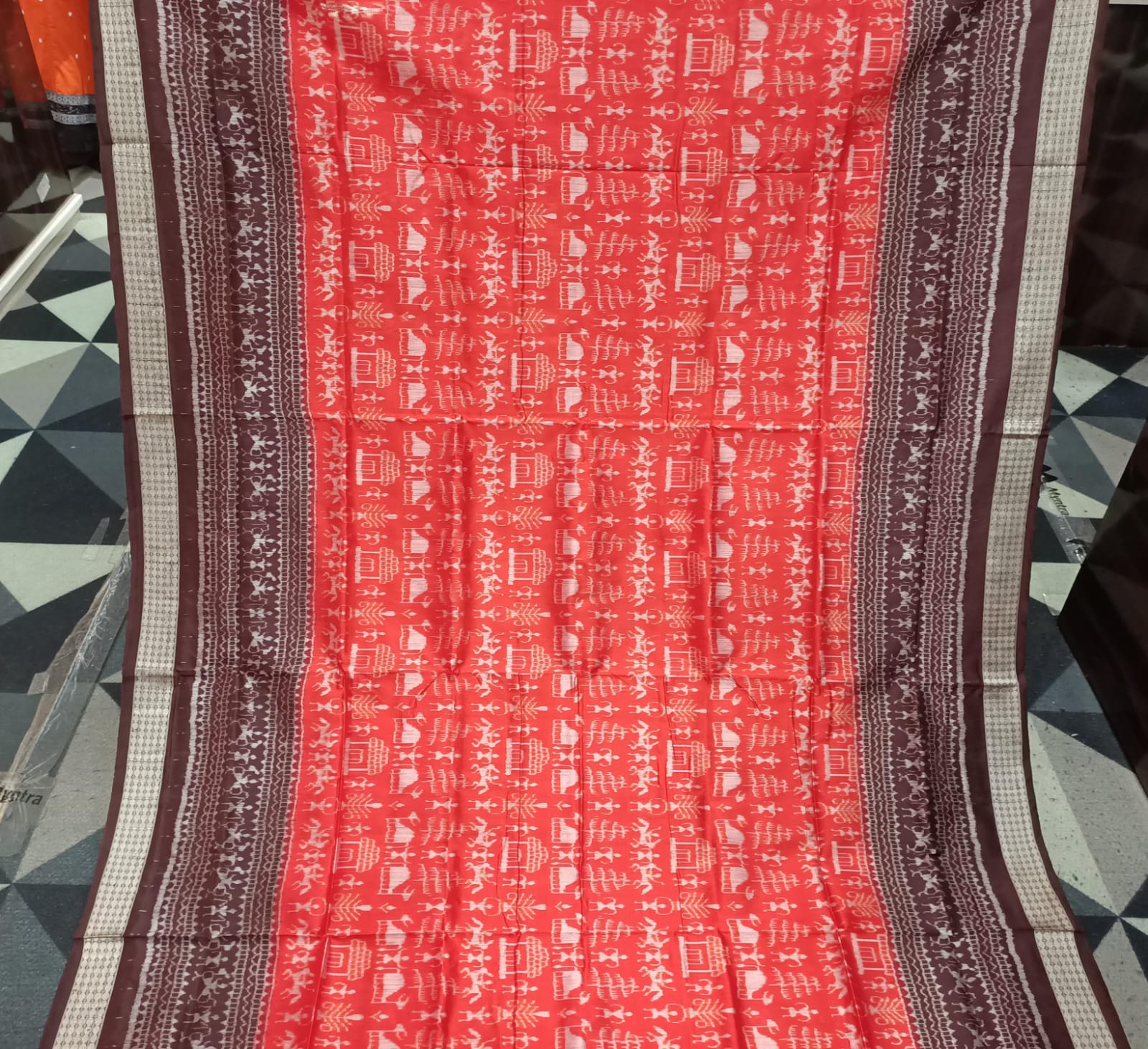 Orange Coffee Tribal & Tree Design Sambalpuri Silk Saree