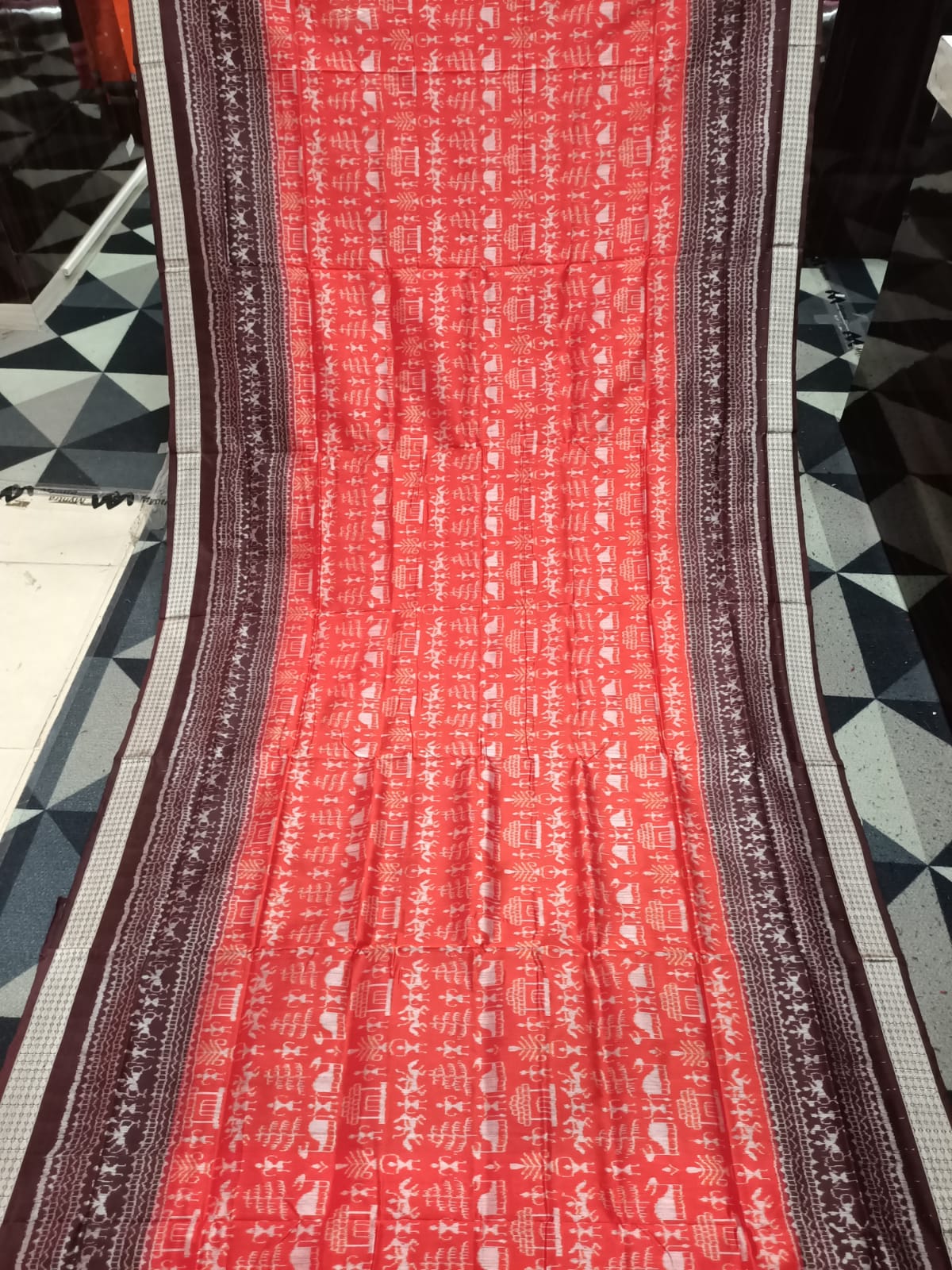 Orange Coffee Tribal & Tree Design Sambalpuri Silk Saree