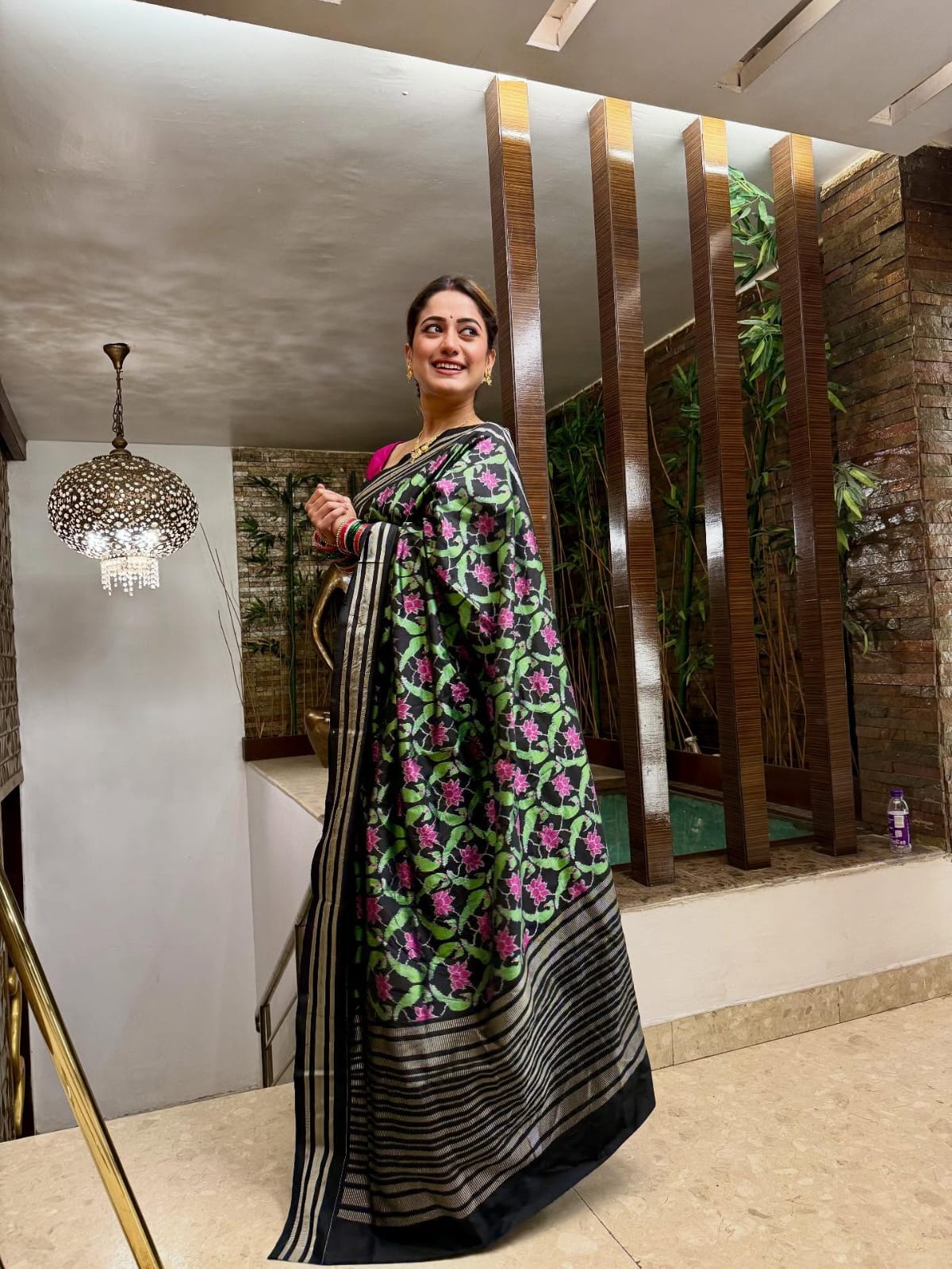 Black Dual Parrot & Lotus Design Sambalpuri Silk Saree