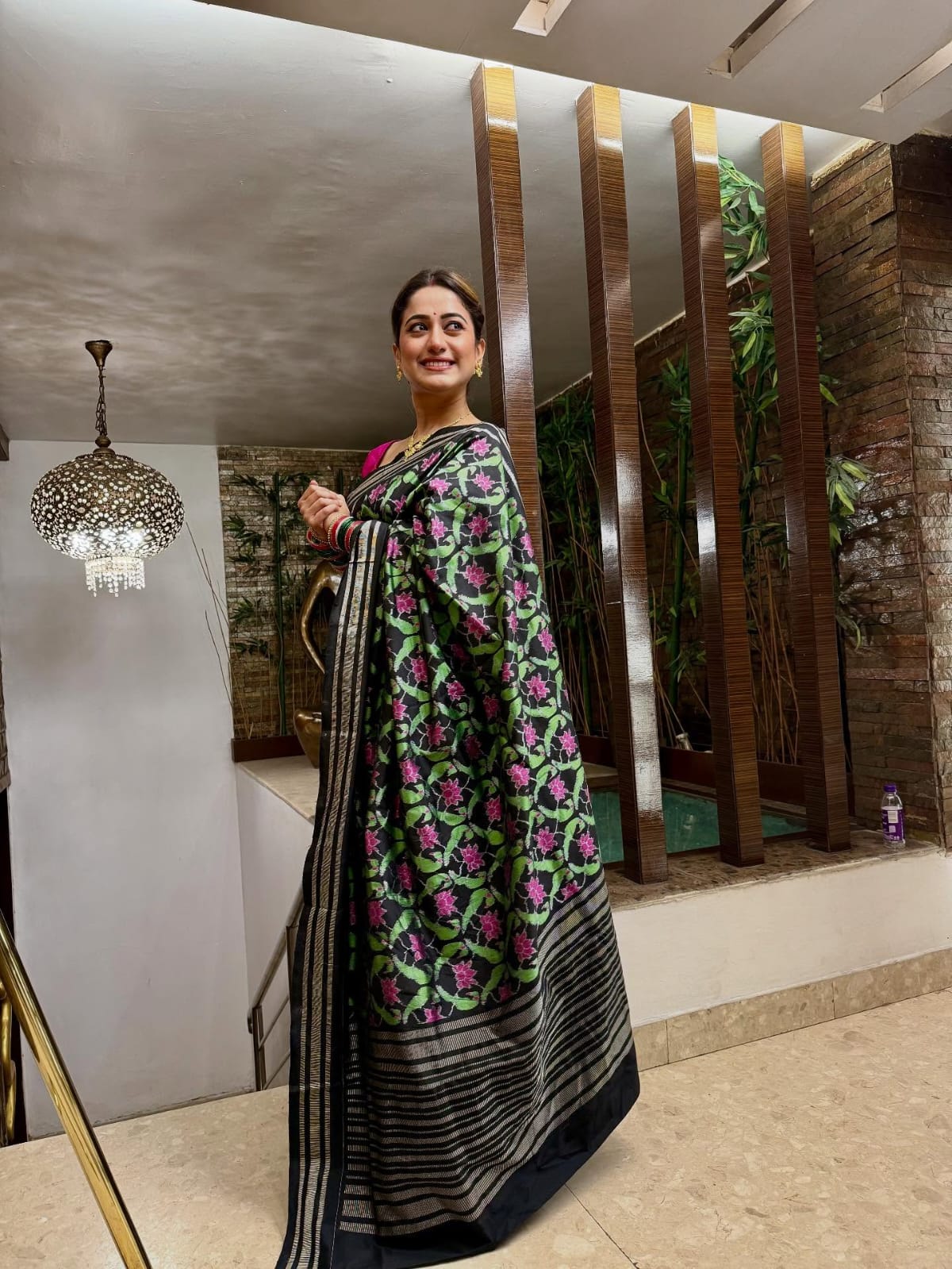 Black Dual Parrot & Lotus Design Sambalpuri Silk Saree