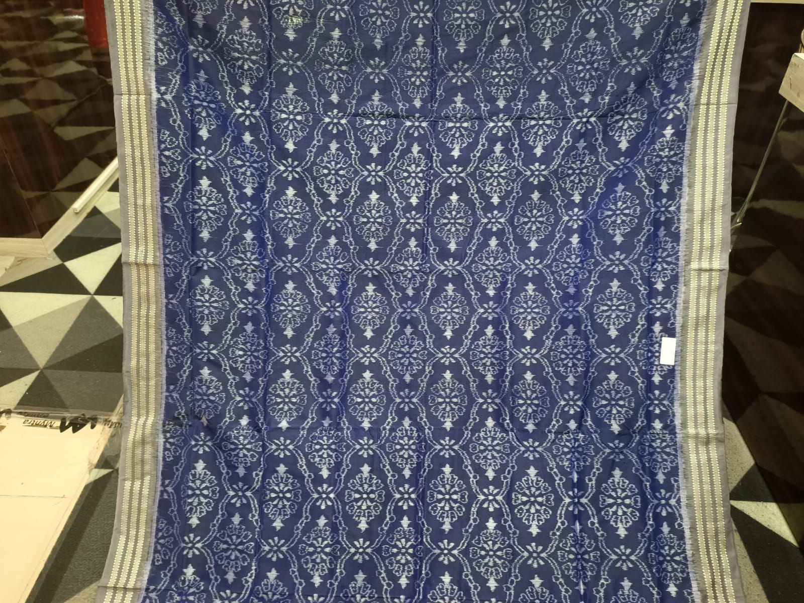 Indigo Blue Grey Flower Design Sambalpuri Silk Saree