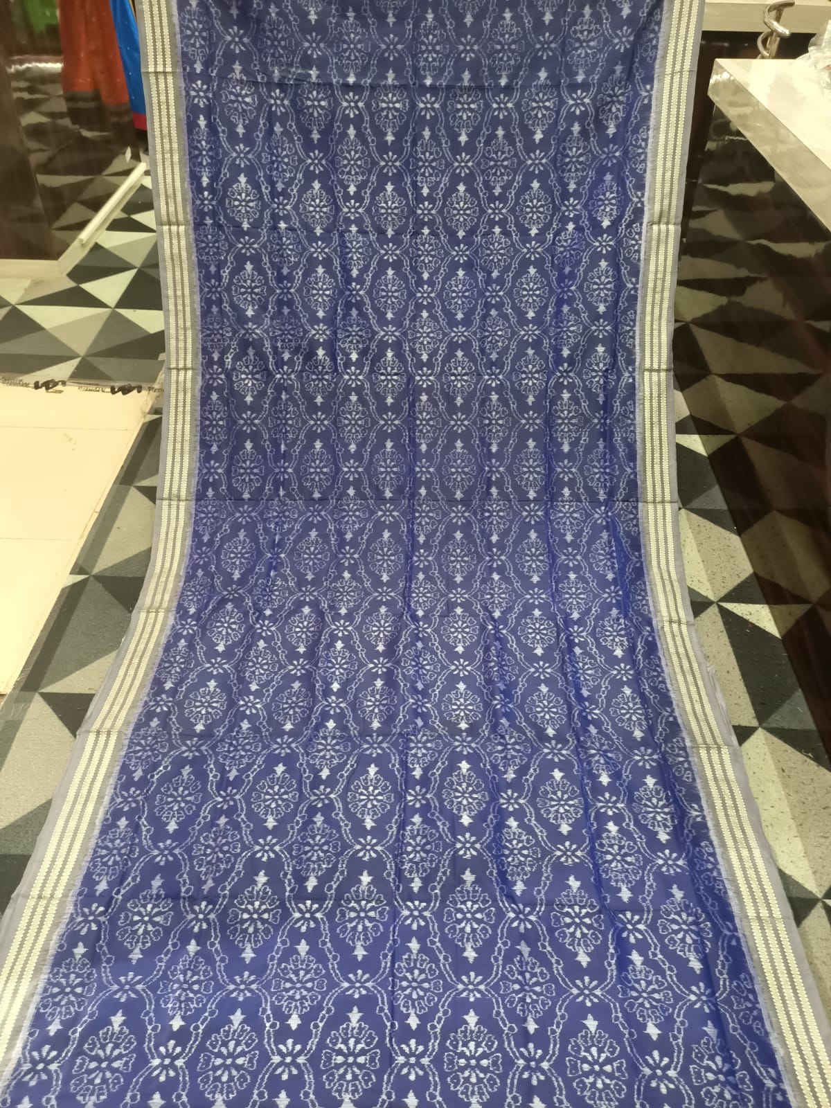 Indigo Blue Grey Flower Design Sambalpuri Silk Saree