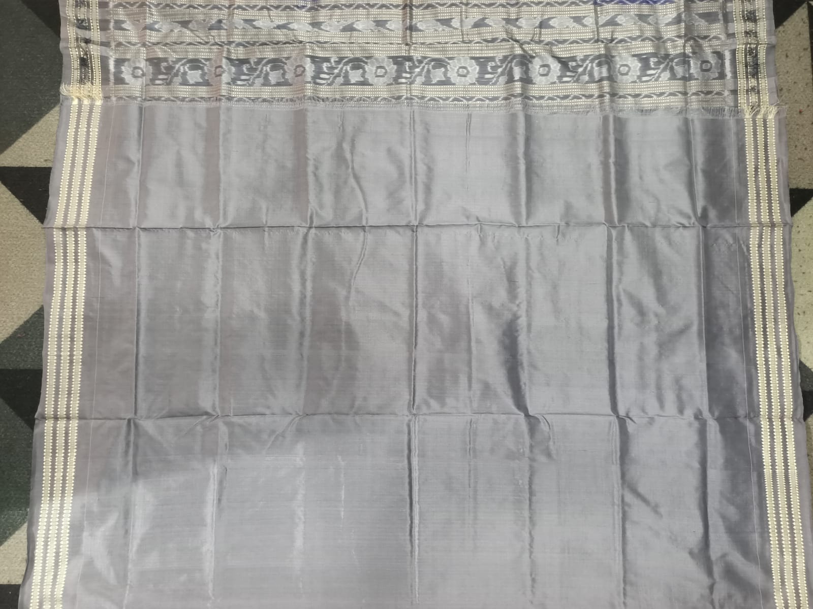 Indigo Blue Grey Flower Design Sambalpuri Silk Saree