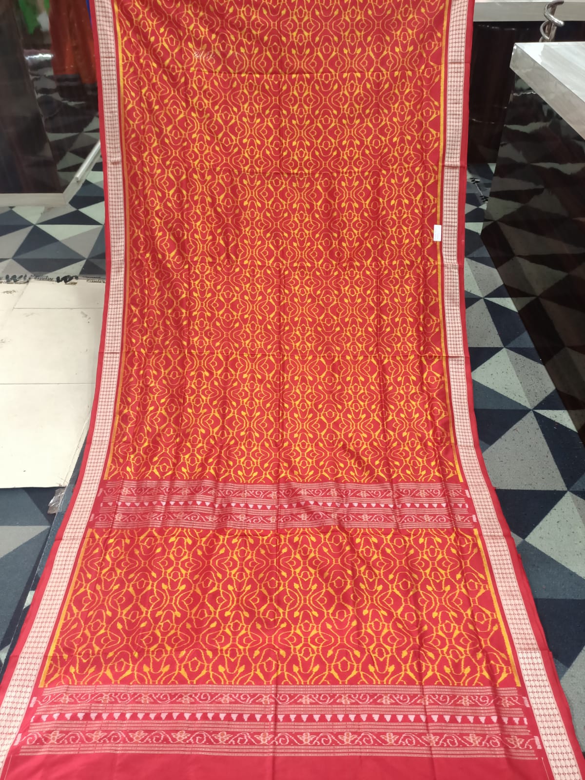 Red Yellow Flower Design Sambalpuri Silk Saree