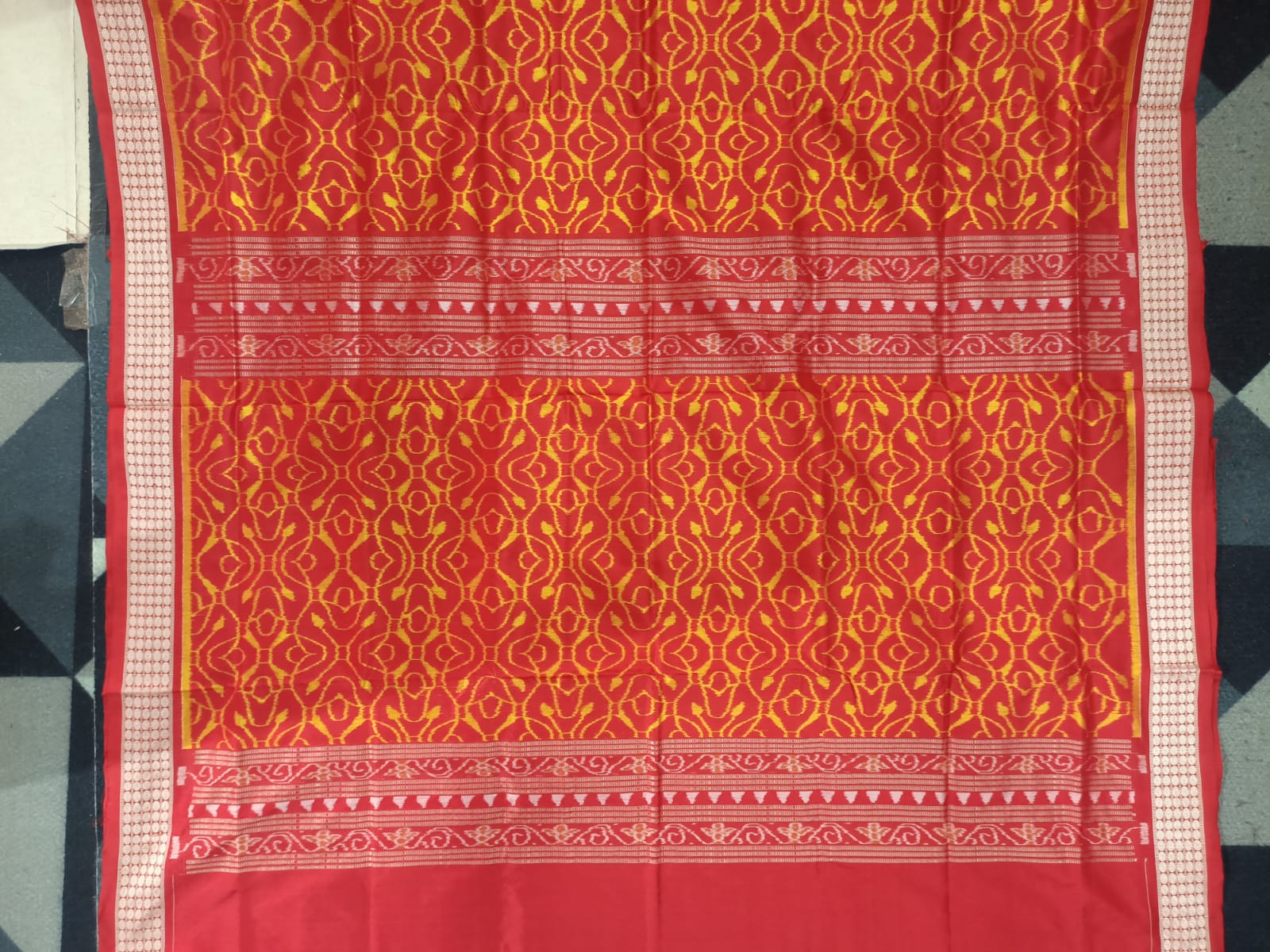 Red Yellow Flower Design Sambalpuri Silk Saree