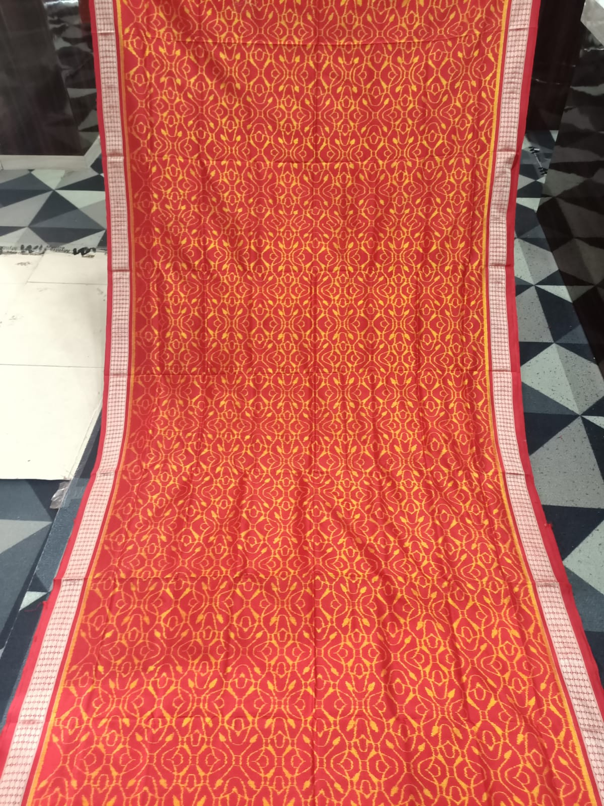 Red Yellow Flower Design Sambalpuri Silk Saree