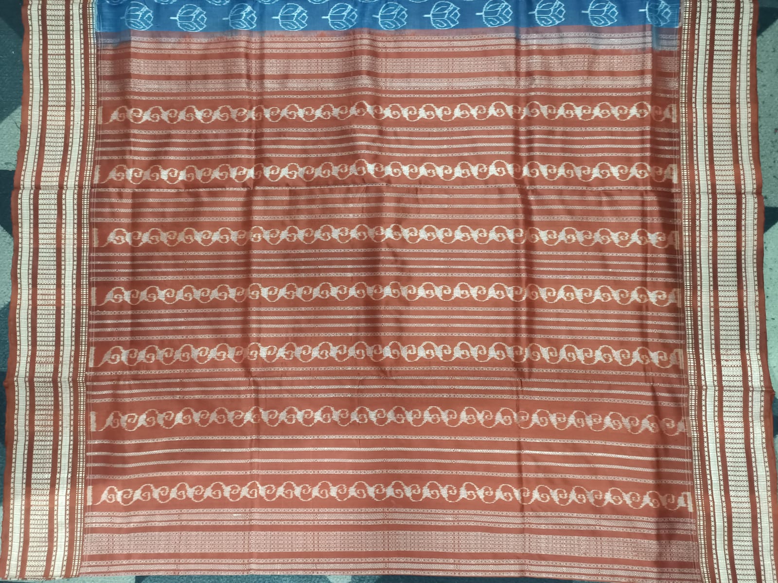 Indigo Blue Maroon Tulips Natural Dye Sambalpuri Silk Saree